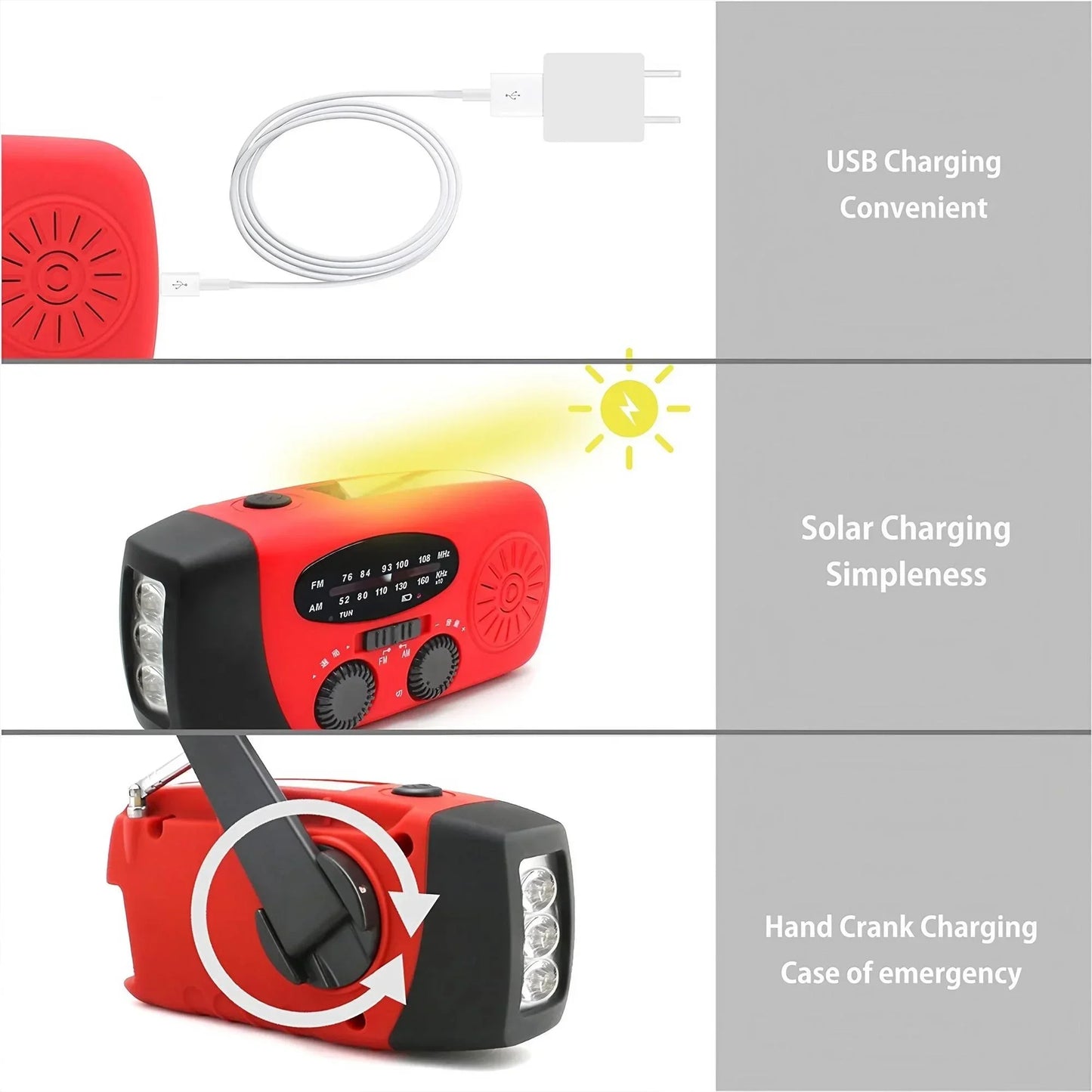 Weather Radio Emergency Multifunctional Radio FM AM WB Hand Crank Solar USB Charging 2000mAh Power Bank LED Flashlight Torch