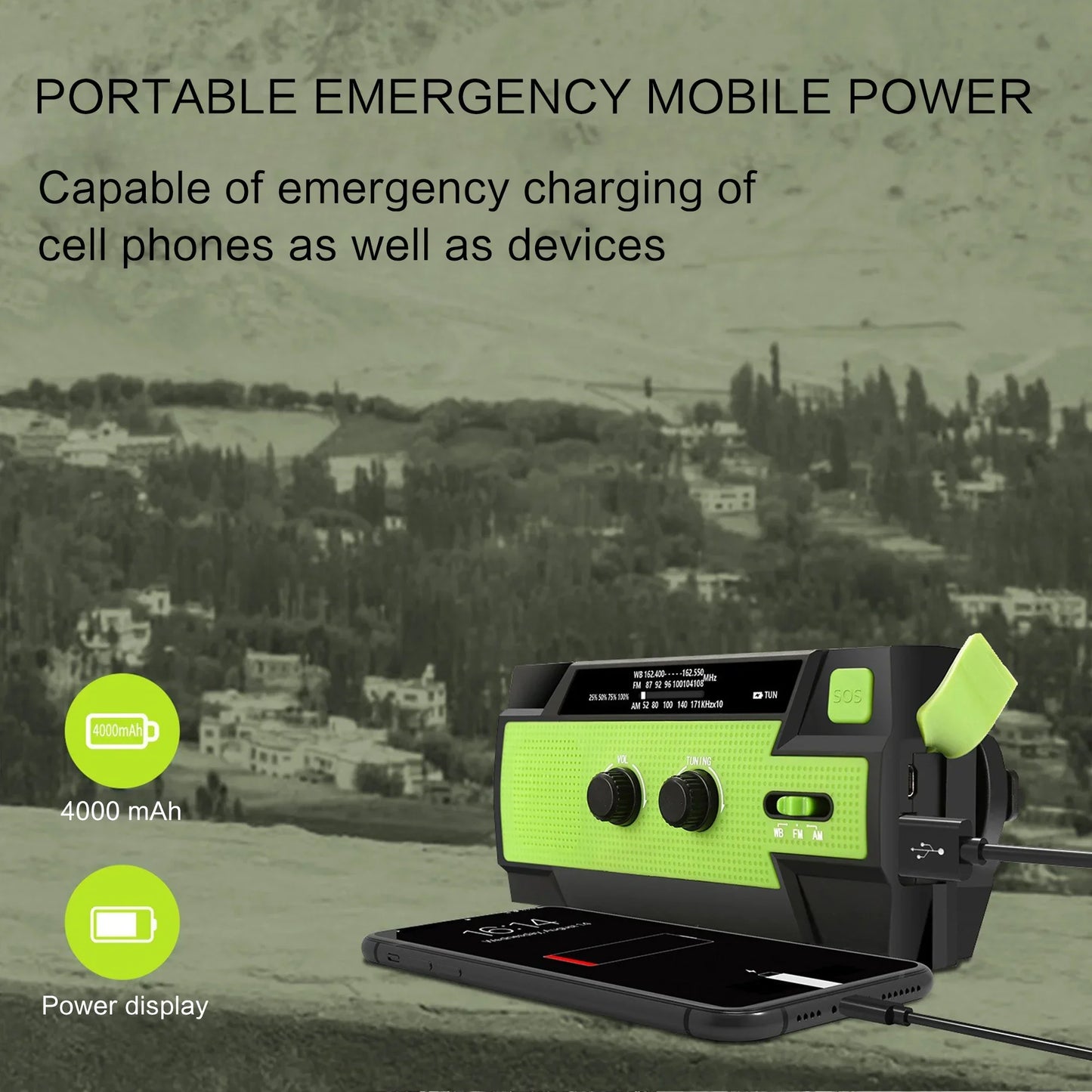 Weather Radio Emergency Multifunctional Radio FM AM WB Hand Crank Solar USB Charging 2000mAh Power Bank LED Flashlight Torch