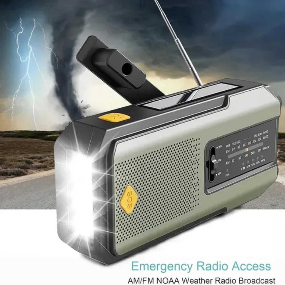 Weather Radio Emergency Multifunctional Radio FM AM WB Hand Crank Solar USB Charging 2000mAh Power Bank LED Flashlight Torch