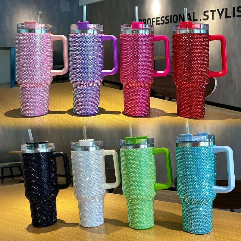 Thermos Vacuum Cup Shiny Diamonds Coffee Insulated Bottle with Handle Stainless Steel Car Mug Maintains Heat Cold 40oz Bottle