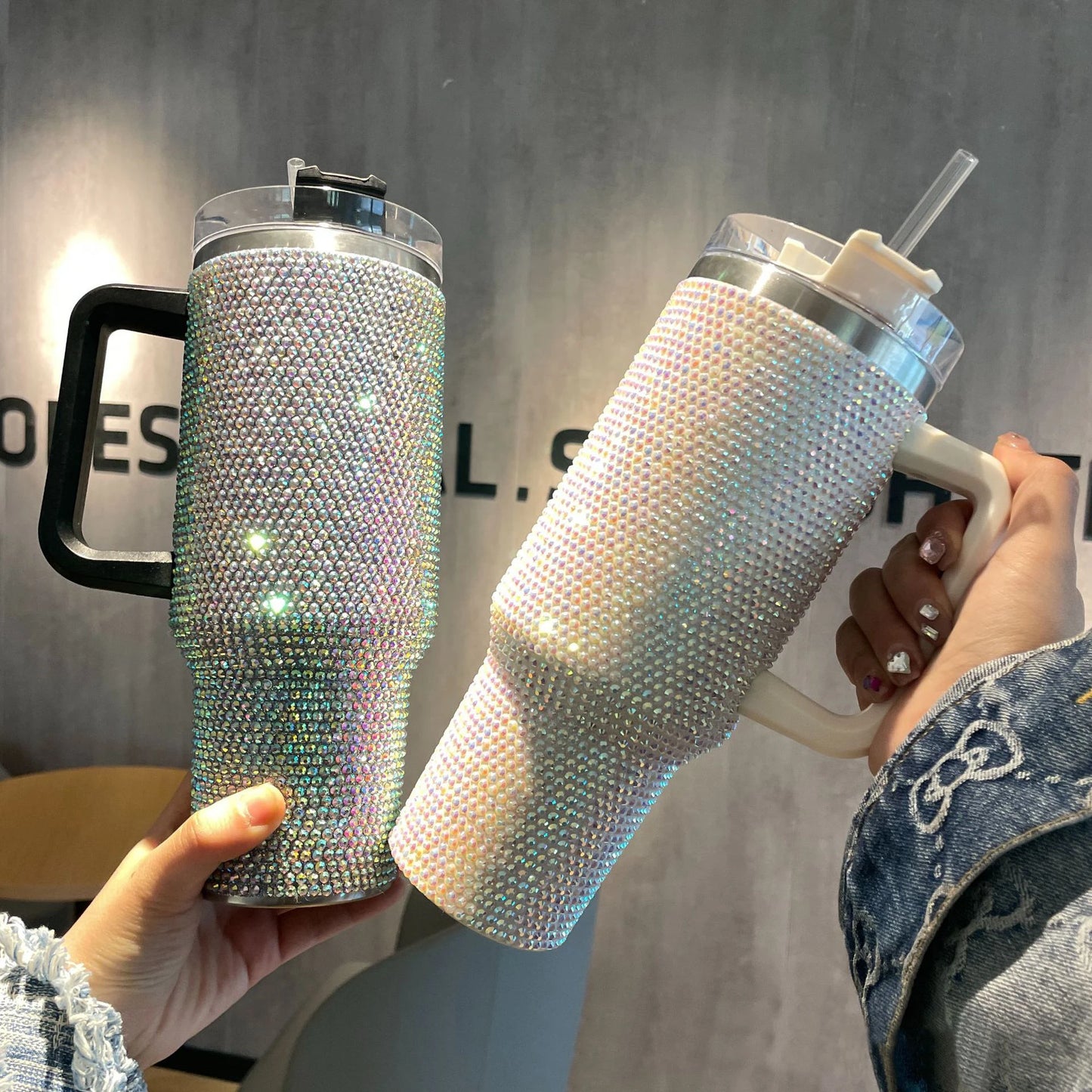 Thermos Vacuum Cup Shiny Diamonds Coffee Insulated Bottle with Handle Stainless Steel Car Mug Maintains Heat Cold 40oz Bottle