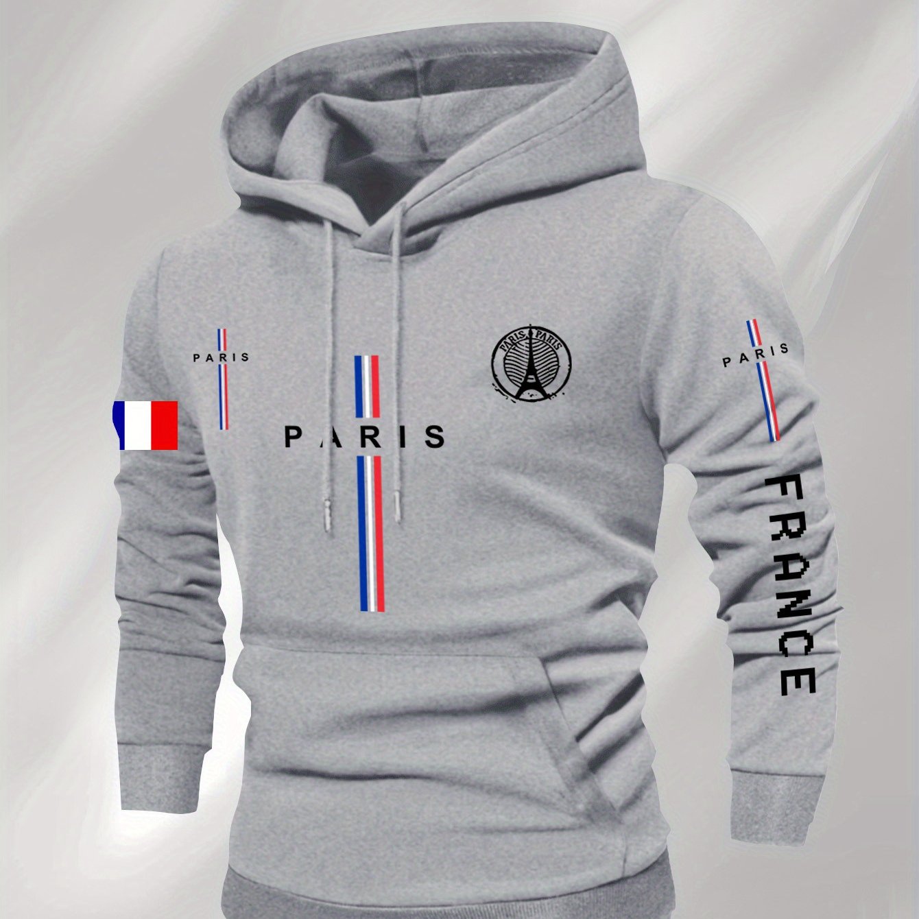 Men’s Casual Paris Graphic Hooded Sweatshirt – Geometric Print with Eiffel Tower & French Flag Stripes, Regular Fit, Beige, Autumn/Winter Casual Apparel