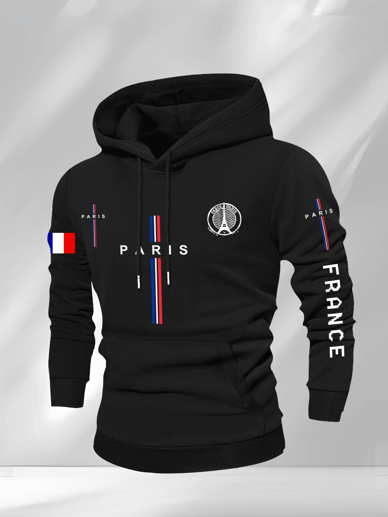 Men’s Casual Paris Graphic Hooded Sweatshirt – Geometric Print with Eiffel Tower & French Flag Stripes, Regular Fit, Beige, Autumn/Winter Casual Apparel