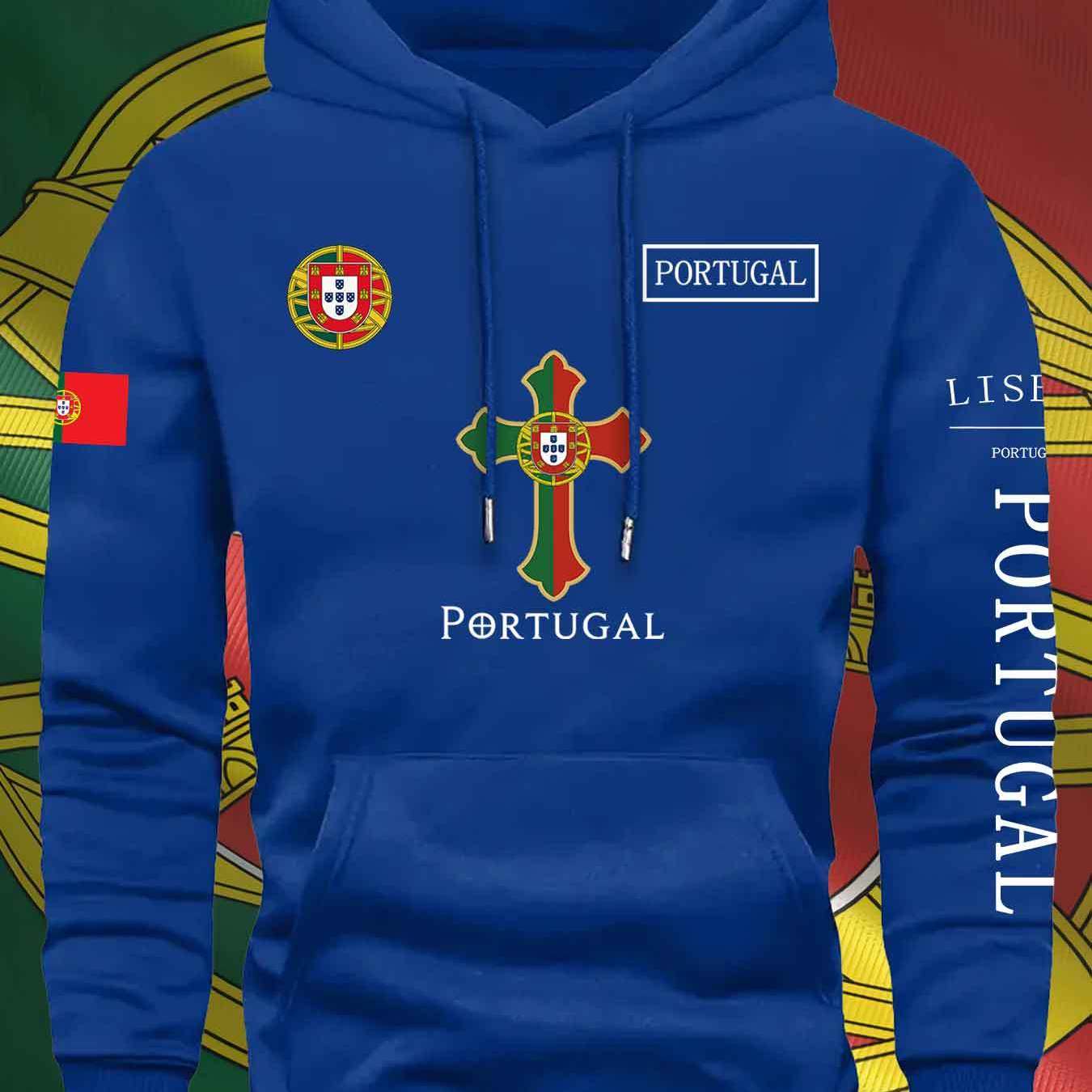 KOURRTER Men'S & Women'S Casual Hoodie - Autumn Winter Sporty Outdoor Hooded Sweatshirt with Portugal Flag & Cross Design, Comfortable Regular Fit with Pockets, Sweater Hoodie