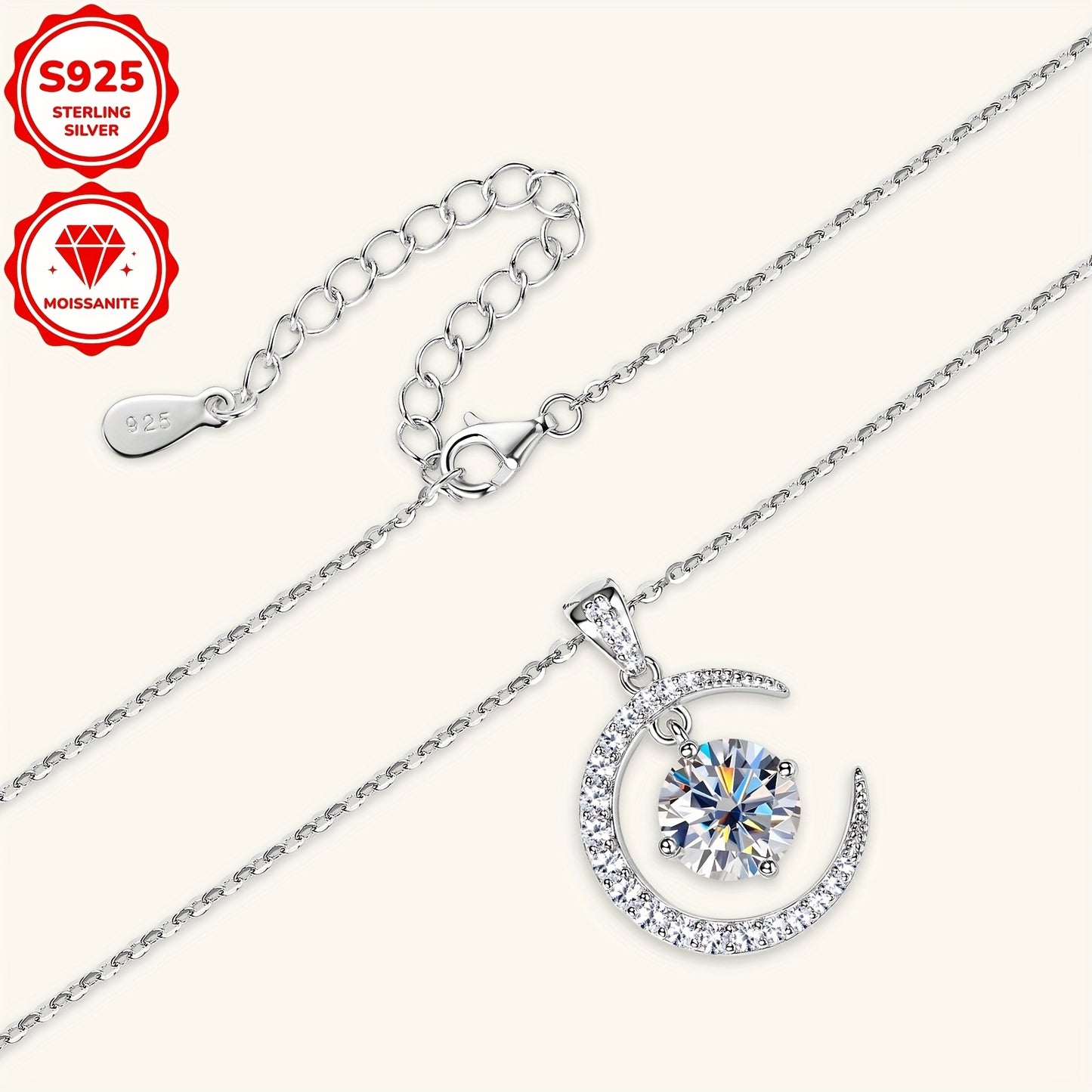 3.86g Silver, 2.31ct Moissanite Main Stone 8mm*1pcs-2CT; Total Carat of Side Stones 0.31ct 1 Strand 925 Sterling Silver Women's Pendant Necklace Moon Sun Element Round Moissanite Pendant Necklace Fashion Holiday Gift Jewelry