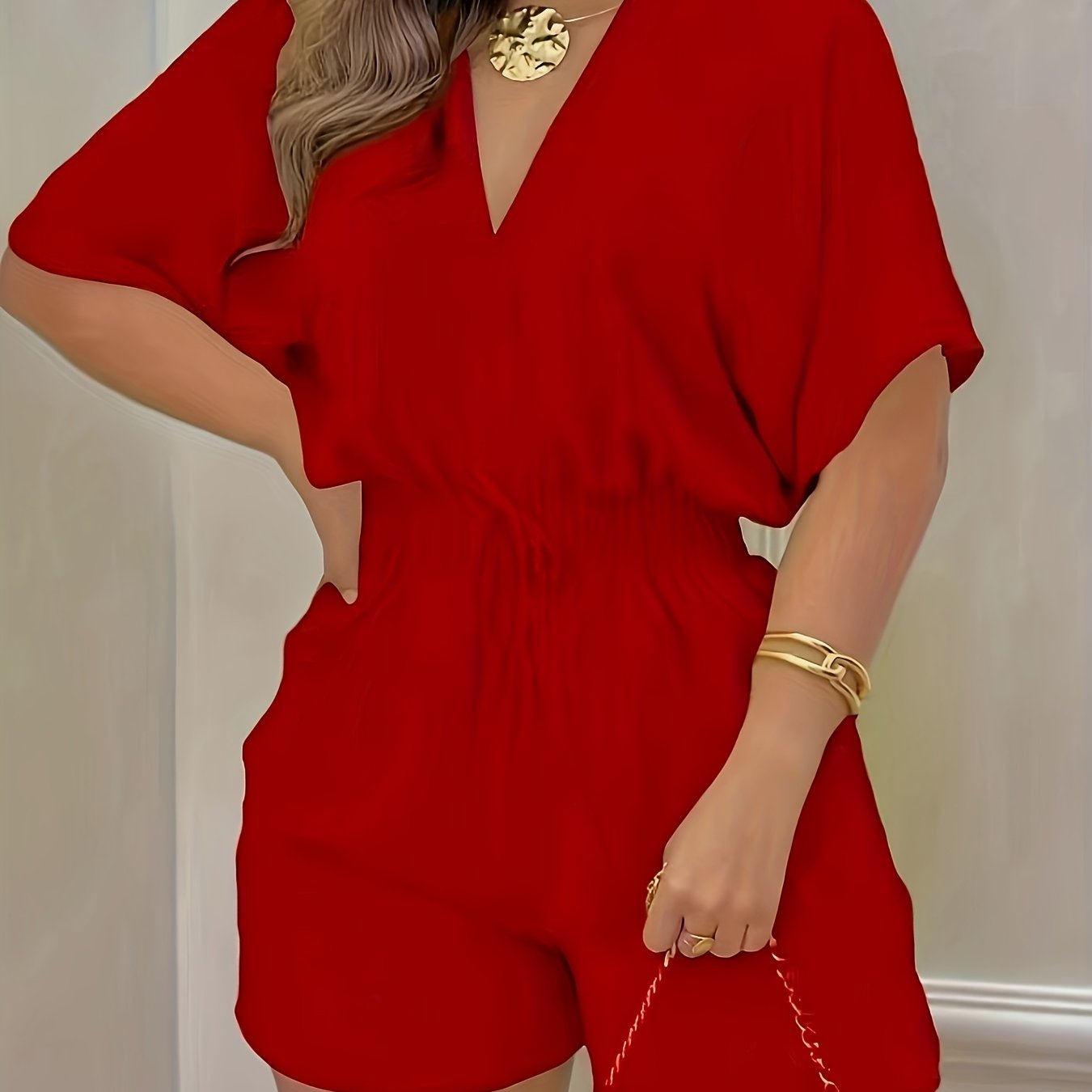 Solid V Neck Romper, Elegant Short Sleeve Shirred Waist Jumpsuit For Spring & Summer, Women's Clothing