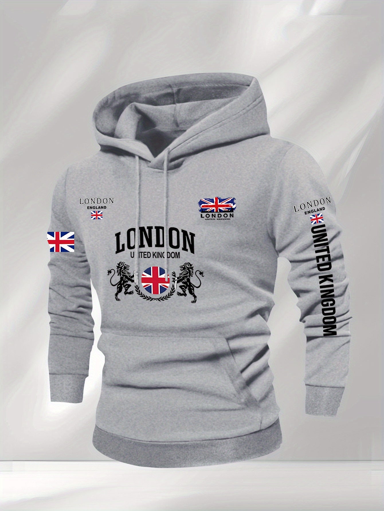 Men's British Union Jack & London Graphic Hooded Sweatshirt - Heavyweight 300gsm Polyester Knit, Casual Regular Fit Pullover with UK Landmarks Lettering (Big Ben, Fishermen), Autumn Winter Warmth, Machine Washable