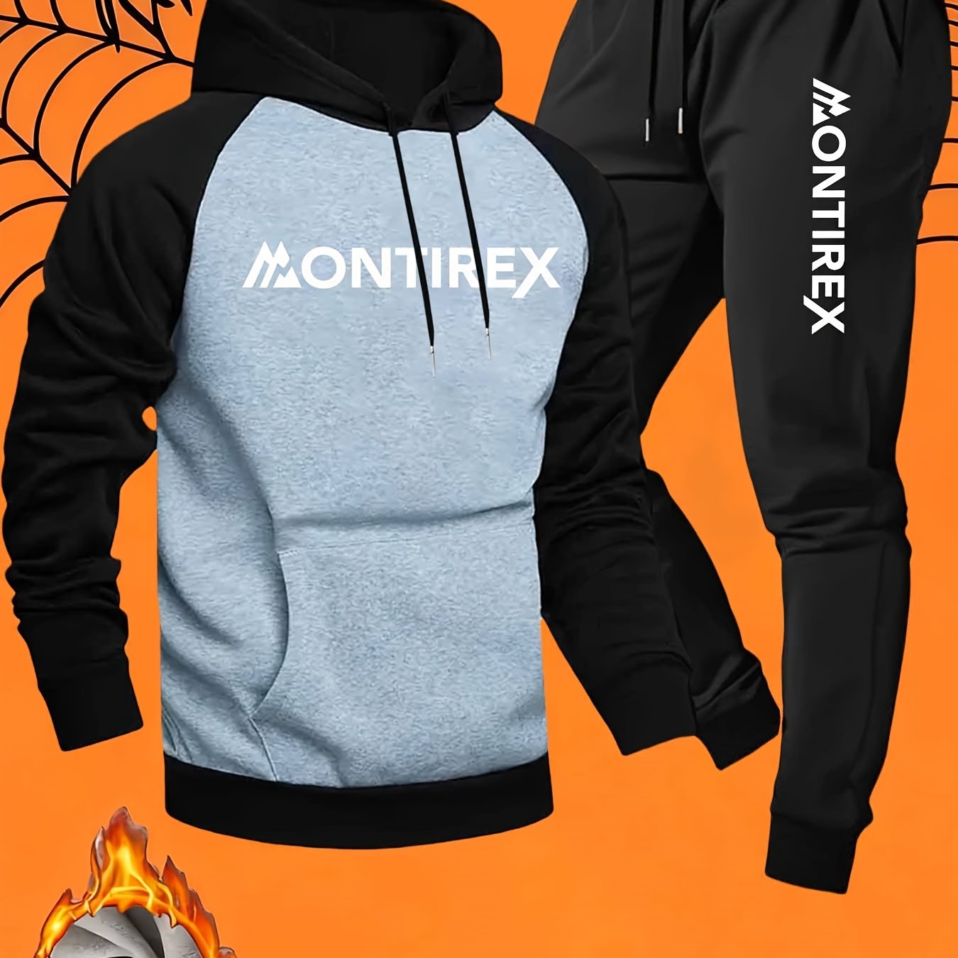 Men’s Two-Tone Hoodie &amp; Sweatpants Set – “MONTIREX” Print, Grey Casual Fall/Winter Tracksuit with Pockets, Regular Fit, Comfortable Outdoor Outfit