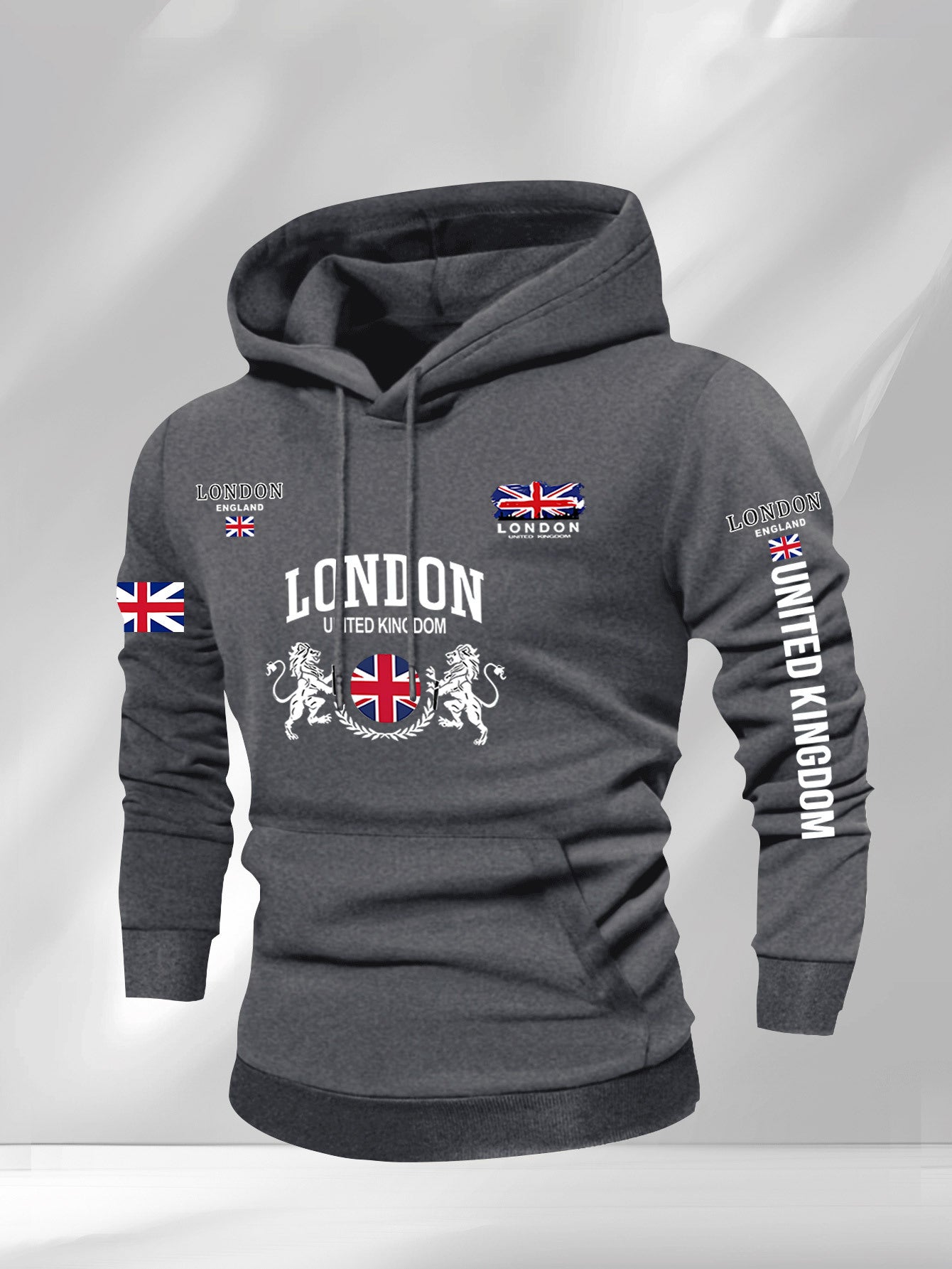Men's British Union Jack & London Graphic Hooded Sweatshirt - Heavyweight 300gsm Polyester Knit, Casual Regular Fit Pullover with UK Landmarks Lettering (Big Ben, Fishermen), Autumn Winter Warmth, Machine Washable