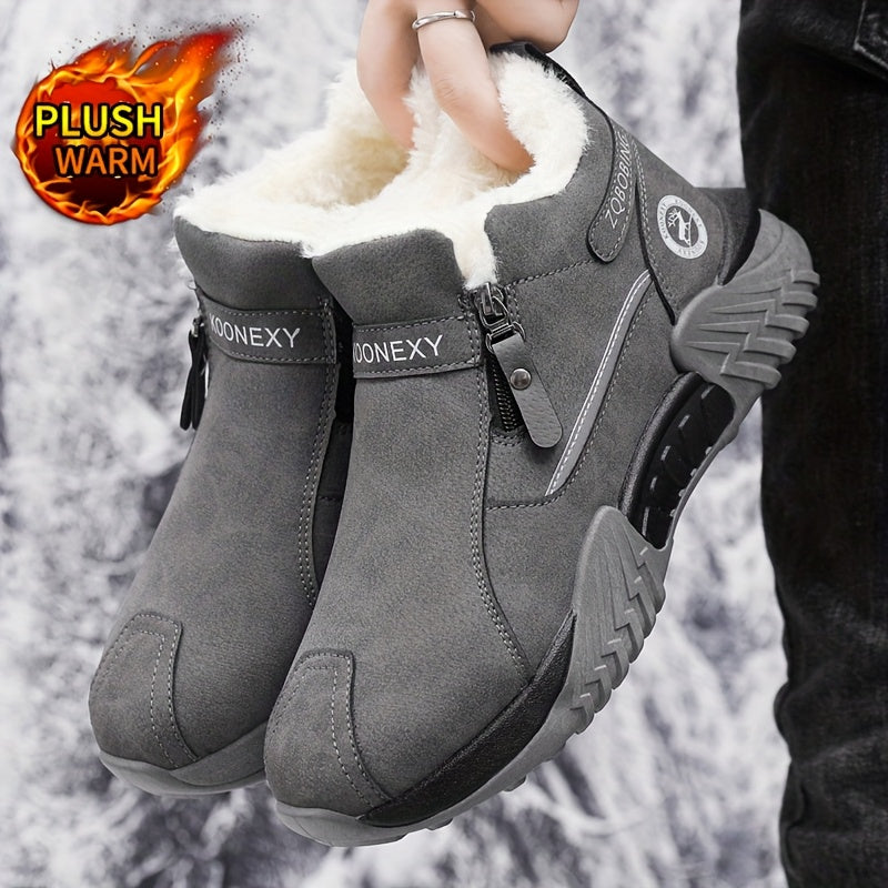 Men’s Winter Warm Snow Boots – Slip-Resistant Traction Tread, Zipper Closure, Ankle Boots with PVC Sole, Ideal for Hiking, Hunting &amp; Work in Cold Weather – Beige/Black/Gray