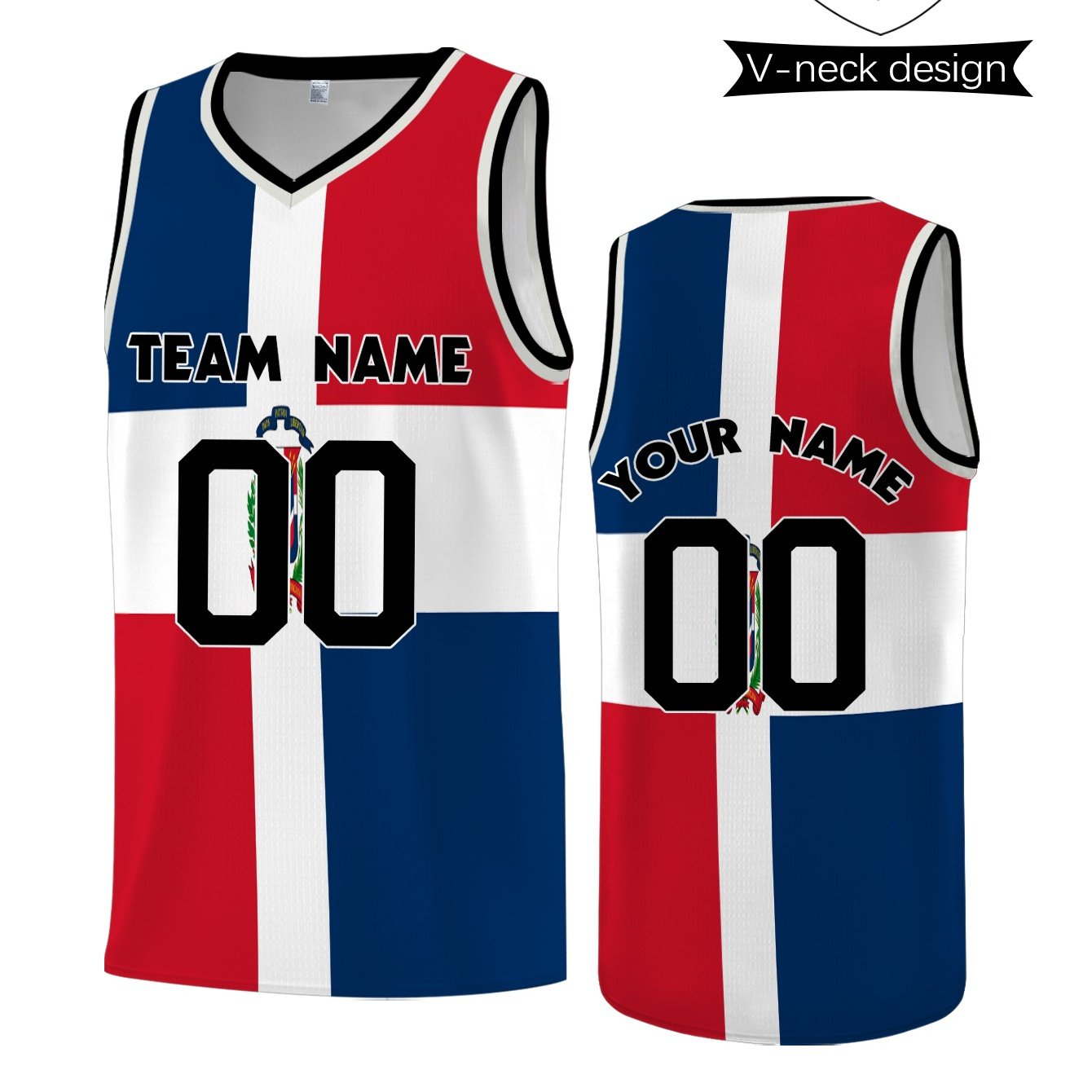 1pc Custom Dominican Basketball Vest - Personalized Name/Team/Logo, Lightweight Sleeveless Gym Shirt with V-Neck, Dominican Flag Colors (Red/White/Blue/Black) - for Training, Casual & Outdoor Sports - Breathable Athletic Top
