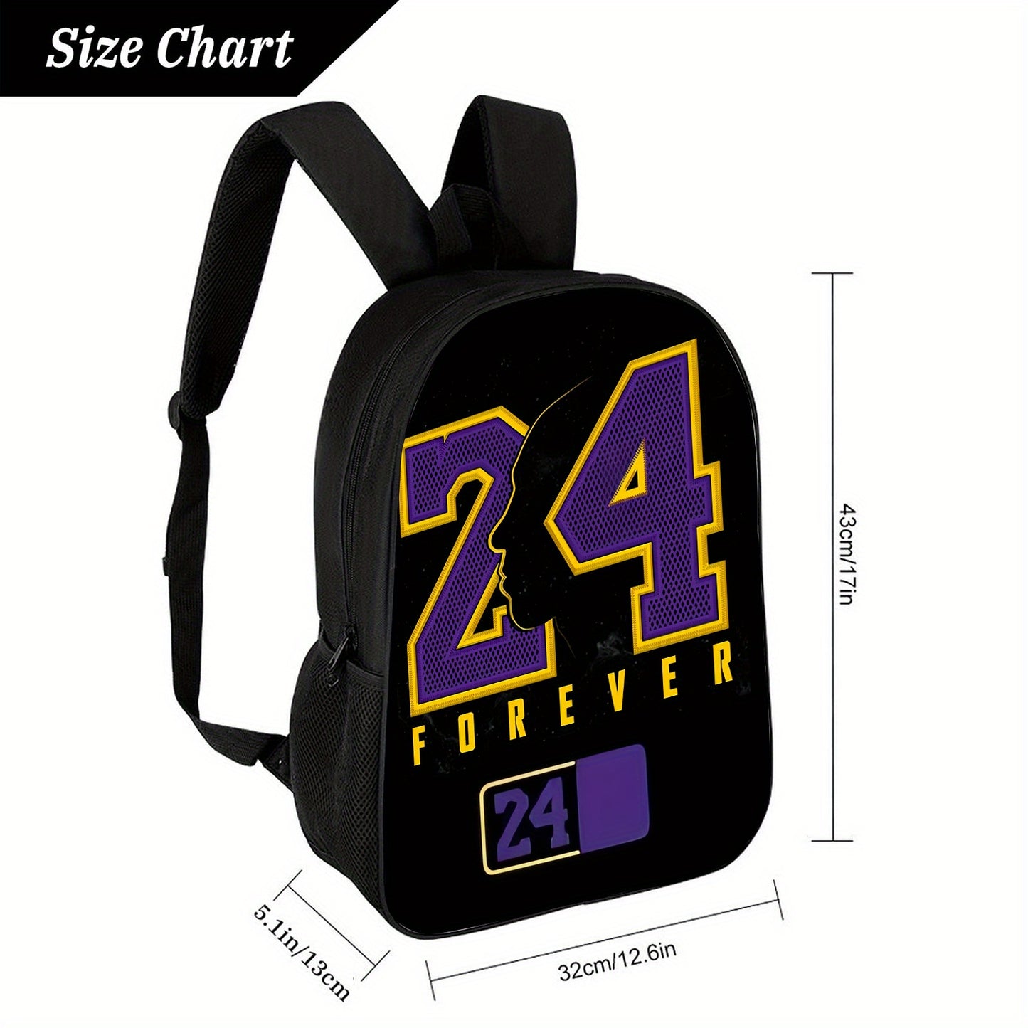 1pc 17-Inch Lightweight Black Backpack with Purple & Yellow "24 Forever" Print - Adjustable Shoulder Straps, Zipper Closure, Foldable Design for Travel, Commuting, and Casual Use, Casual Daypack | Sporty Backpack | Adjustable