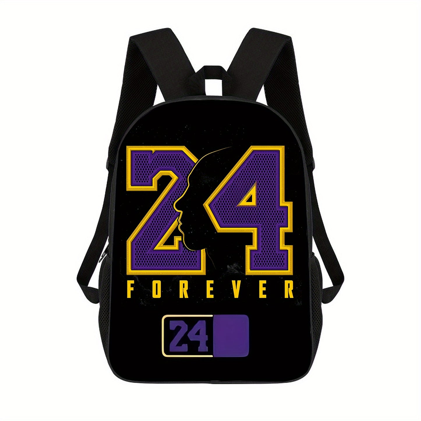 1pc 17-Inch Lightweight Black Backpack with Purple & Yellow "24 Forever" Print - Adjustable Shoulder Straps, Zipper Closure, Foldable Design for Travel, Commuting, and Casual Use, Casual Daypack | Sporty Backpack | Adjustable