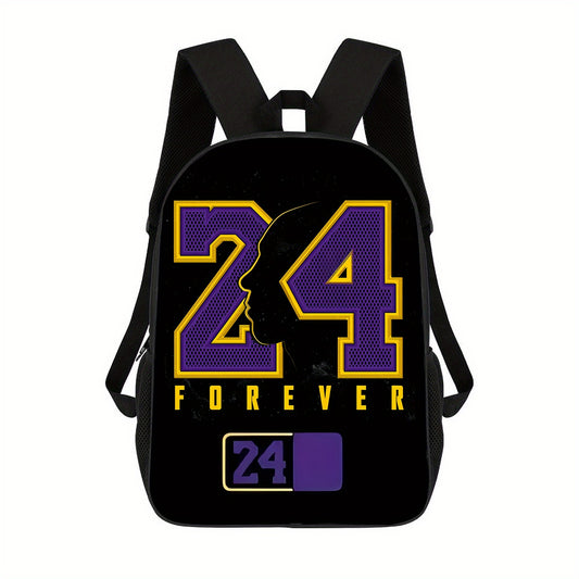 1pc 17-Inch Lightweight Black Backpack with Purple & Yellow "24 Forever" Print - Adjustable Shoulder Straps, Zipper Closure, Foldable Design for Travel, Commuting, and Casual Use, Casual Daypack | Sporty Backpack | Adjustable