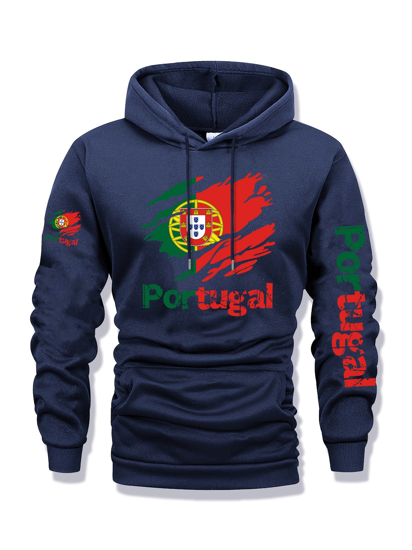 Men'S Portugal Flag Graphic Hooded Sweatshirt - Navy Blue with Red & Green Emblem, Casual Streetwear Pullover for Autumn/Winter, Regular Fit Outdoor & Casual Attire, Durable Fabric