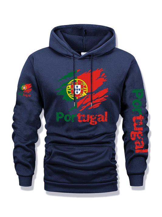 Men'S Portugal Flag Graphic Hooded Sweatshirt - Navy Blue with Red & Green Emblem, Casual Streetwear Pullover for Autumn/Winter, Regular Fit Outdoor & Casual Attire, Durable Fabric