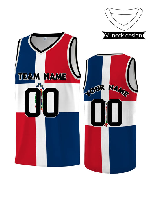 1pc Custom Dominican Basketball Vest - Personalized Name/Team/Logo, Lightweight Sleeveless Gym Shirt with V-Neck, Dominican Flag Colors (Red/White/Blue/Black) - for Training, Casual & Outdoor Sports - Breathable Athletic Top