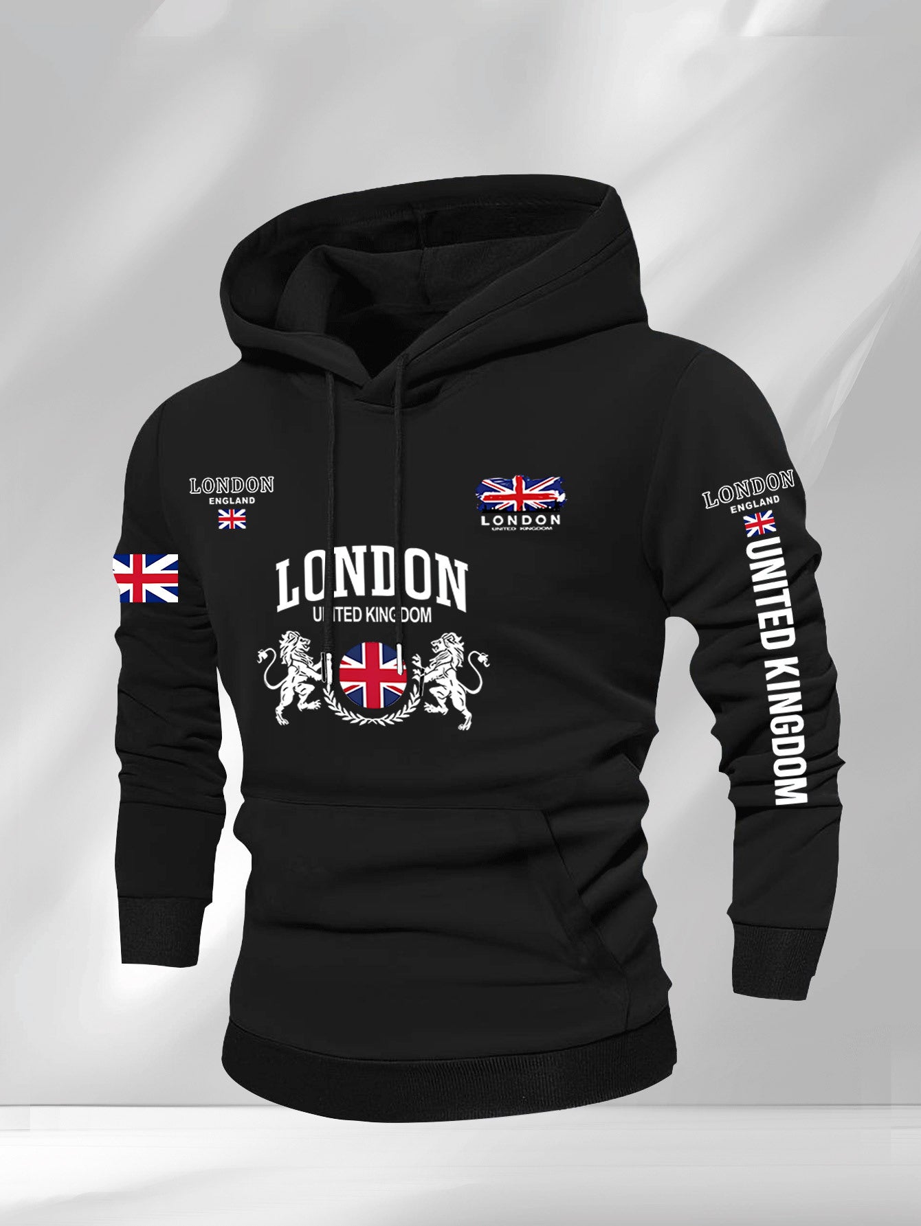 Men's British Union Jack & London Graphic Hooded Sweatshirt - Heavyweight 300gsm Polyester Knit, Casual Regular Fit Pullover with UK Landmarks Lettering (Big Ben, Fishermen), Autumn Winter Warmth, Machine Washable