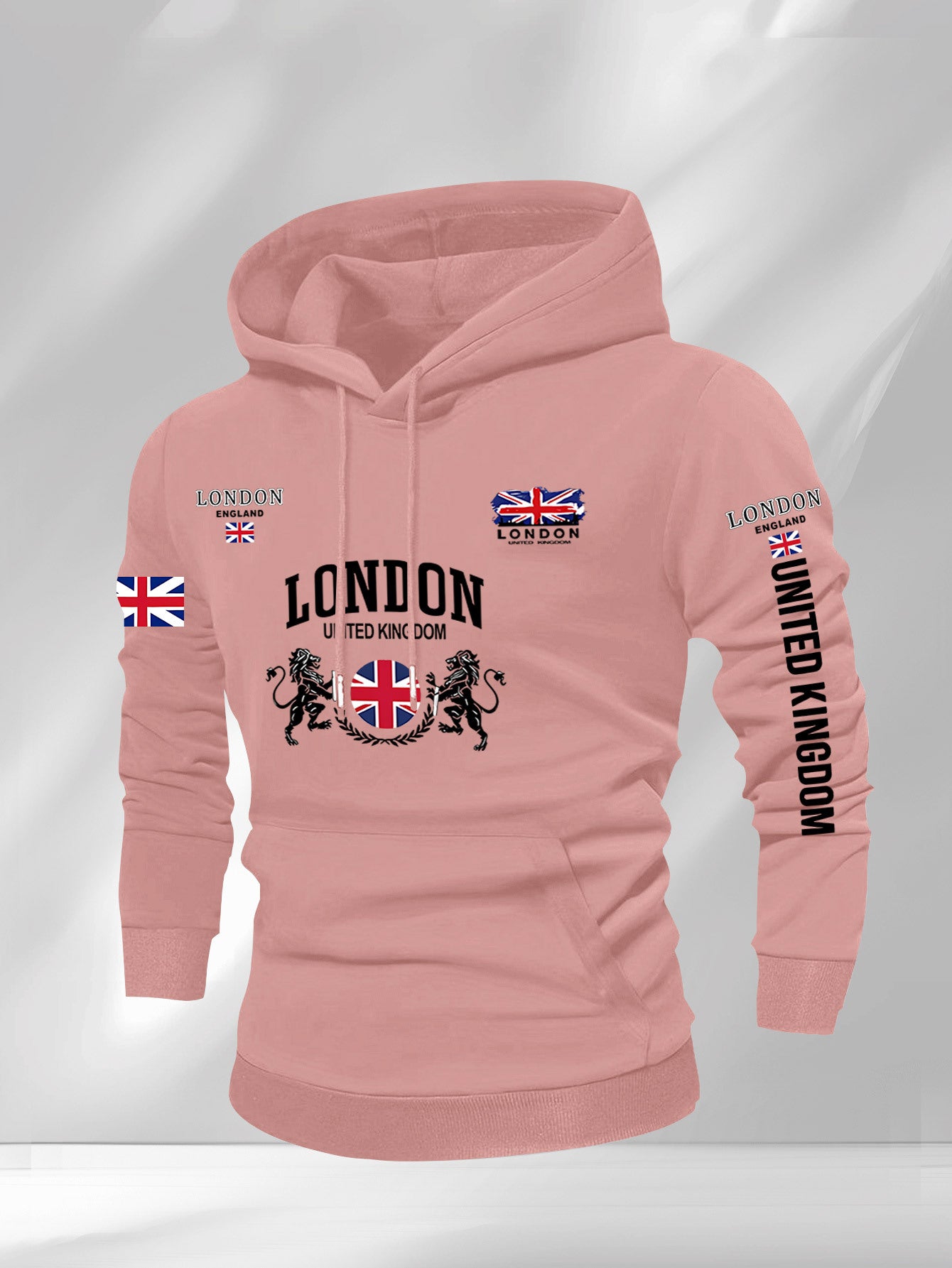 Men's British Union Jack & London Graphic Hooded Sweatshirt - Heavyweight 300gsm Polyester Knit, Casual Regular Fit Pullover with UK Landmarks Lettering (Big Ben, Fishermen), Autumn Winter Warmth, Machine Washable