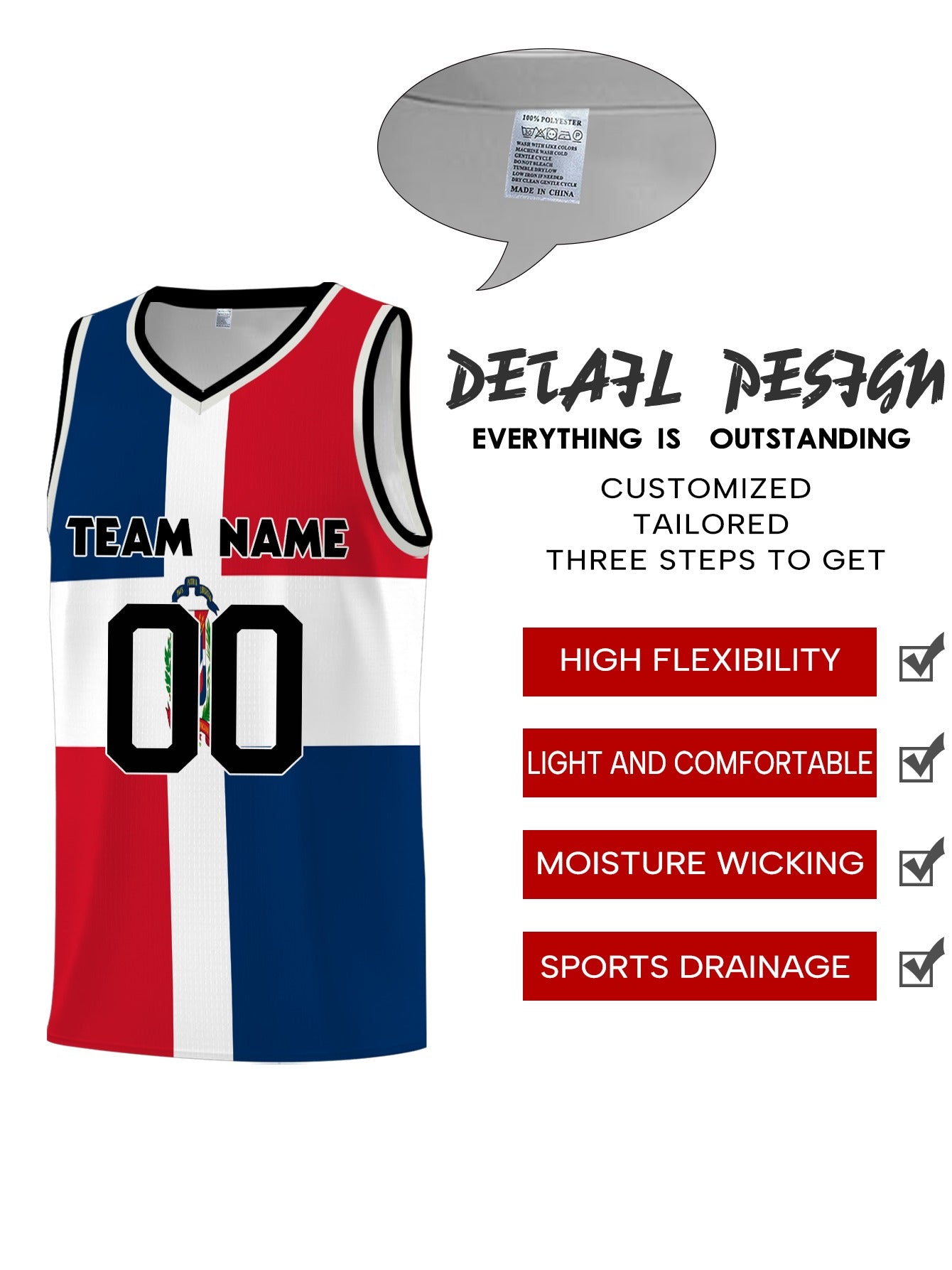 1pc Custom Dominican Basketball Vest - Personalized Name/Team/Logo, Lightweight Sleeveless Gym Shirt with V-Neck, Dominican Flag Colors (Red/White/Blue/Black) - for Training, Casual & Outdoor Sports - Breathable Athletic Top