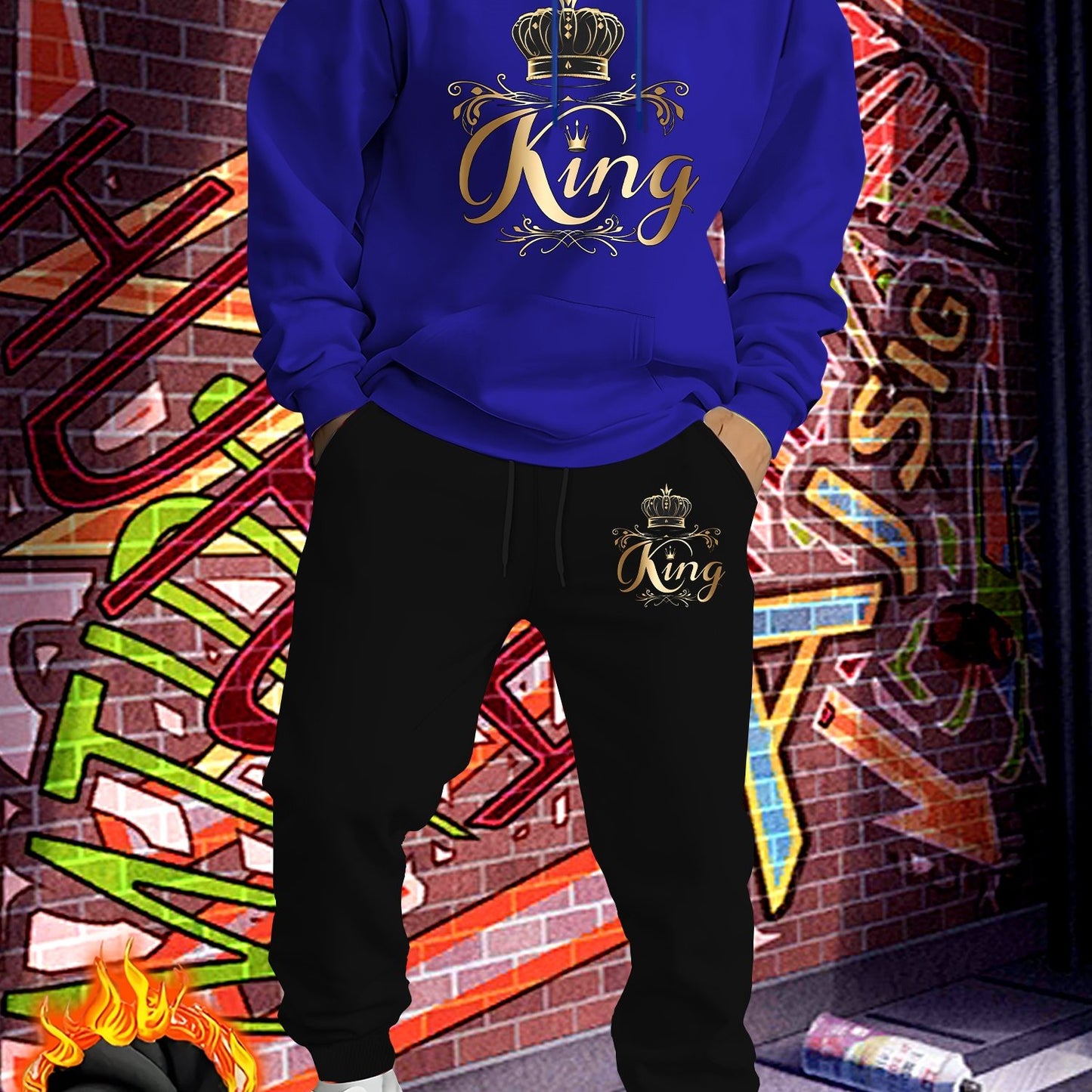 Men'S Fleece-Lined Hooded Sweatshirt & Jogger Set - "King" Graphic Print, Casual Fall/Winter Outfit, Regular Fit, Slight Stretch Fabric, Trendy Streetwear Style
