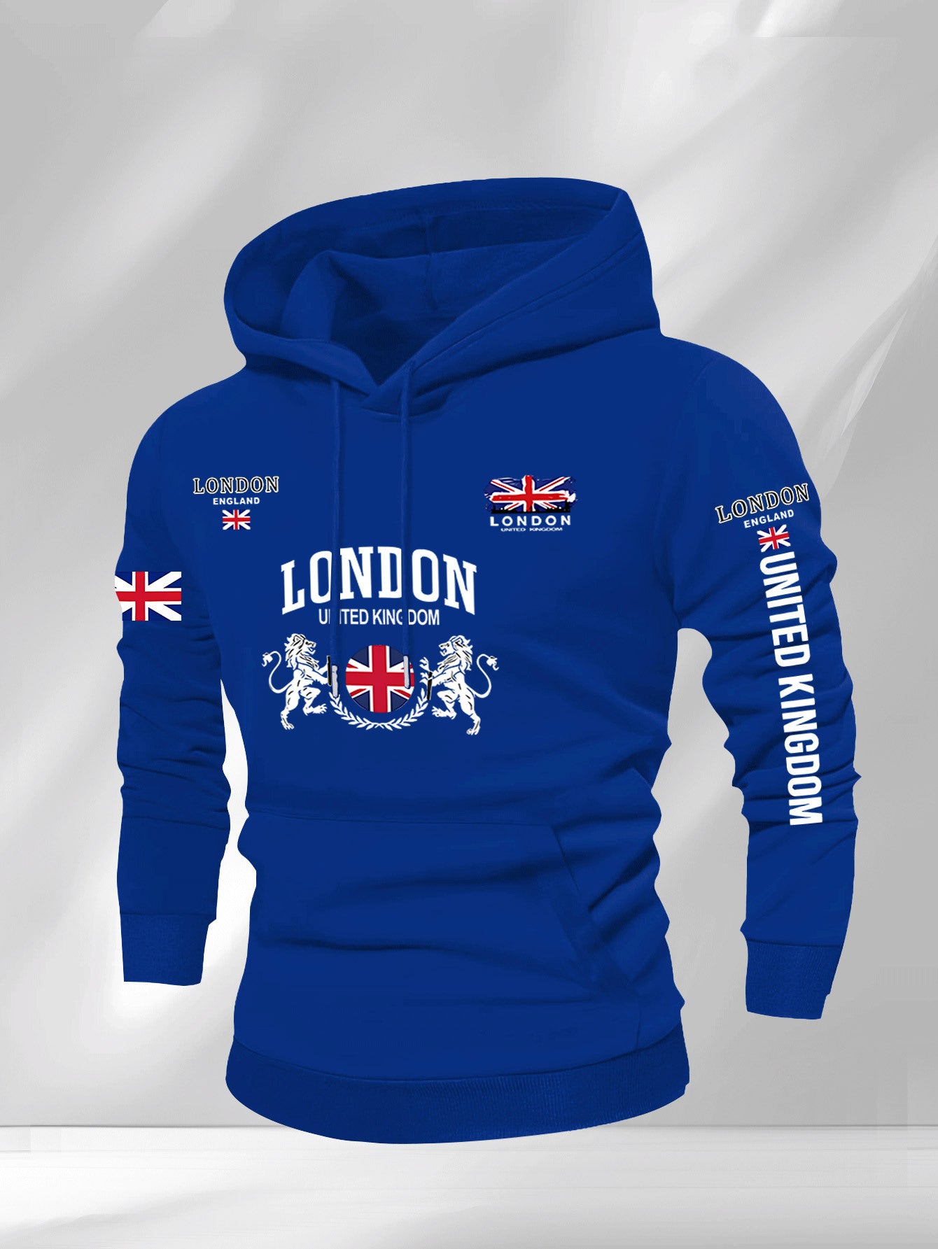 Men's British Union Jack & London Graphic Hooded Sweatshirt - Heavyweight 300gsm Polyester Knit, Casual Regular Fit Pullover with UK Landmarks Lettering (Big Ben, Fishermen), Autumn Winter Warmth, Machine Washable