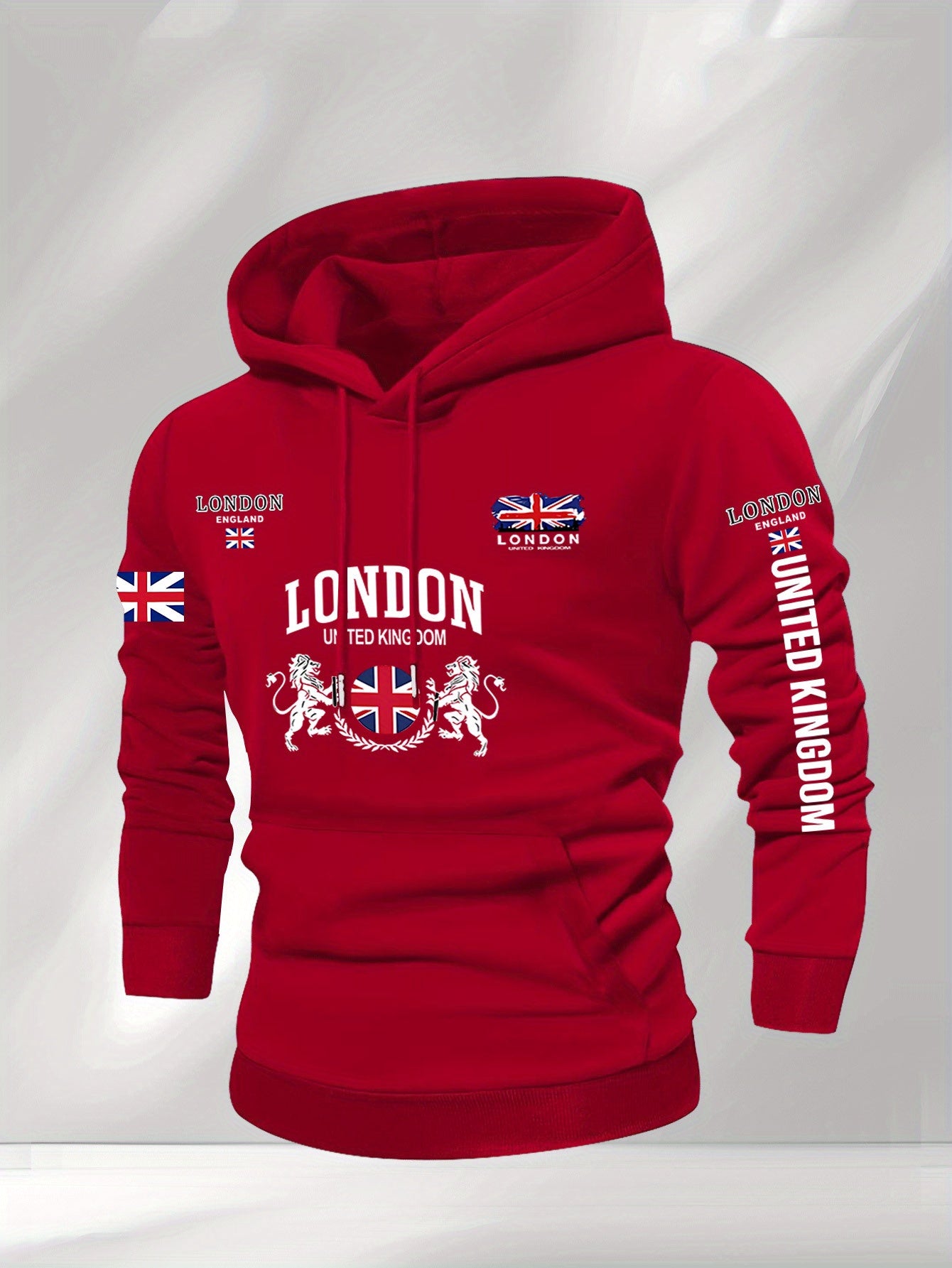 Men's British Union Jack & London Graphic Hooded Sweatshirt - Heavyweight 300gsm Polyester Knit, Casual Regular Fit Pullover with UK Landmarks Lettering (Big Ben, Fishermen), Autumn Winter Warmth, Machine Washable