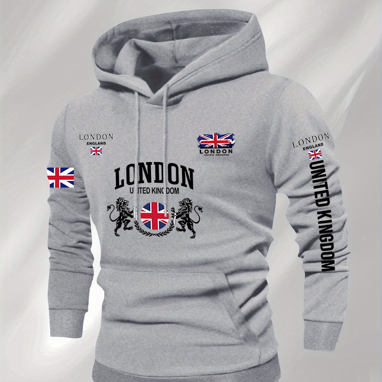 Men's British Union Jack & London Graphic Hooded Sweatshirt - Heavyweight 300gsm Polyester Knit, Casual Regular Fit Pullover with UK Landmarks Lettering (Big Ben, Fishermen), Autumn Winter Warmth, Machine Washable
