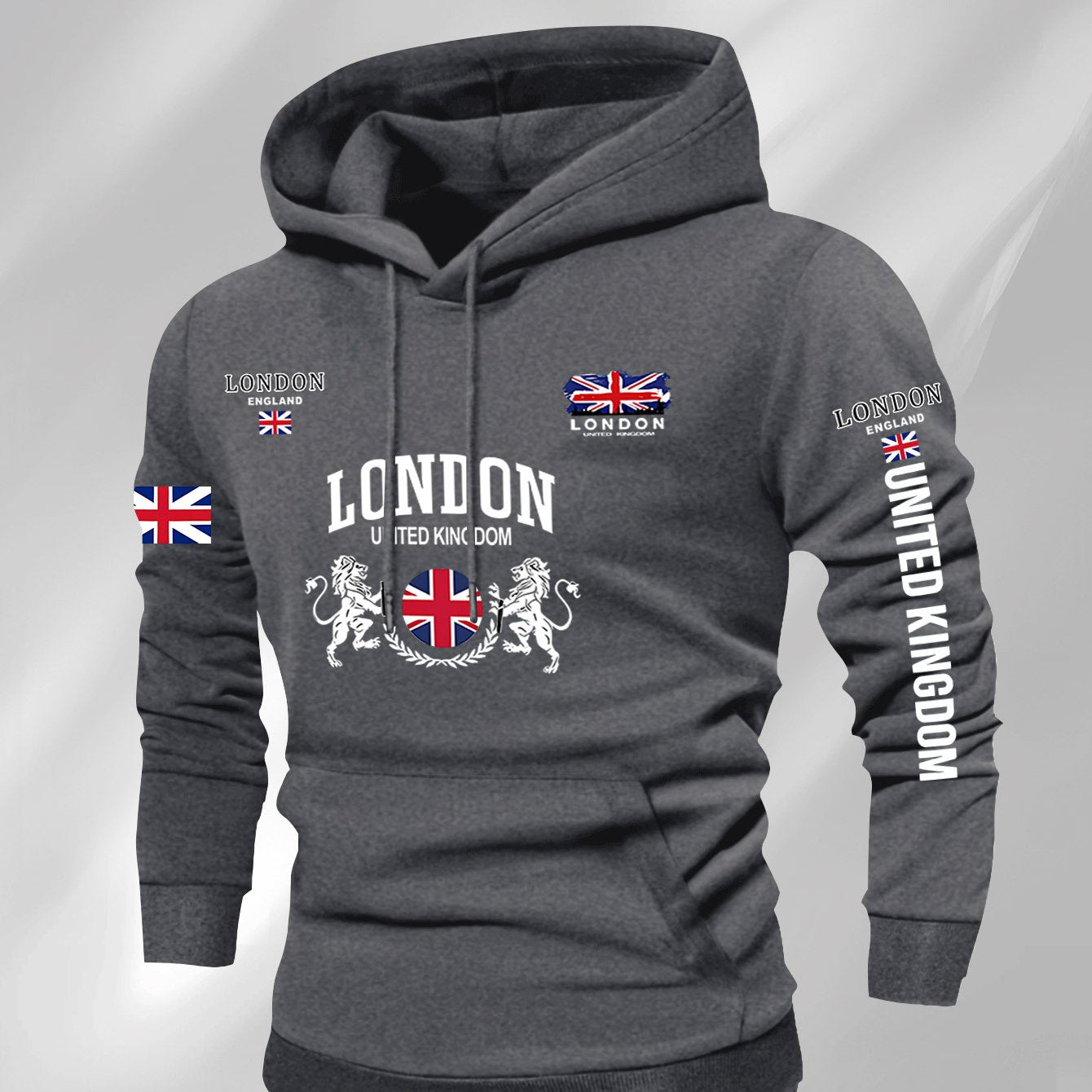 Men's British Union Jack & London Graphic Hooded Sweatshirt - Heavyweight 300gsm Polyester Knit, Casual Regular Fit Pullover with UK Landmarks Lettering (Big Ben, Fishermen), Autumn Winter Warmth, Machine Washable