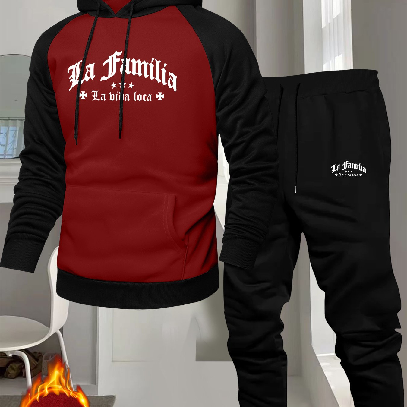 Men's Casual Sport Raglan Sleeve Hooded Sweatshirt Two-Piece Set, Dual-Tone Color Blocking Trendy Matching Outfit with Hot-Selling European and American Pattern Print Design for Comfortable Fashion Wear