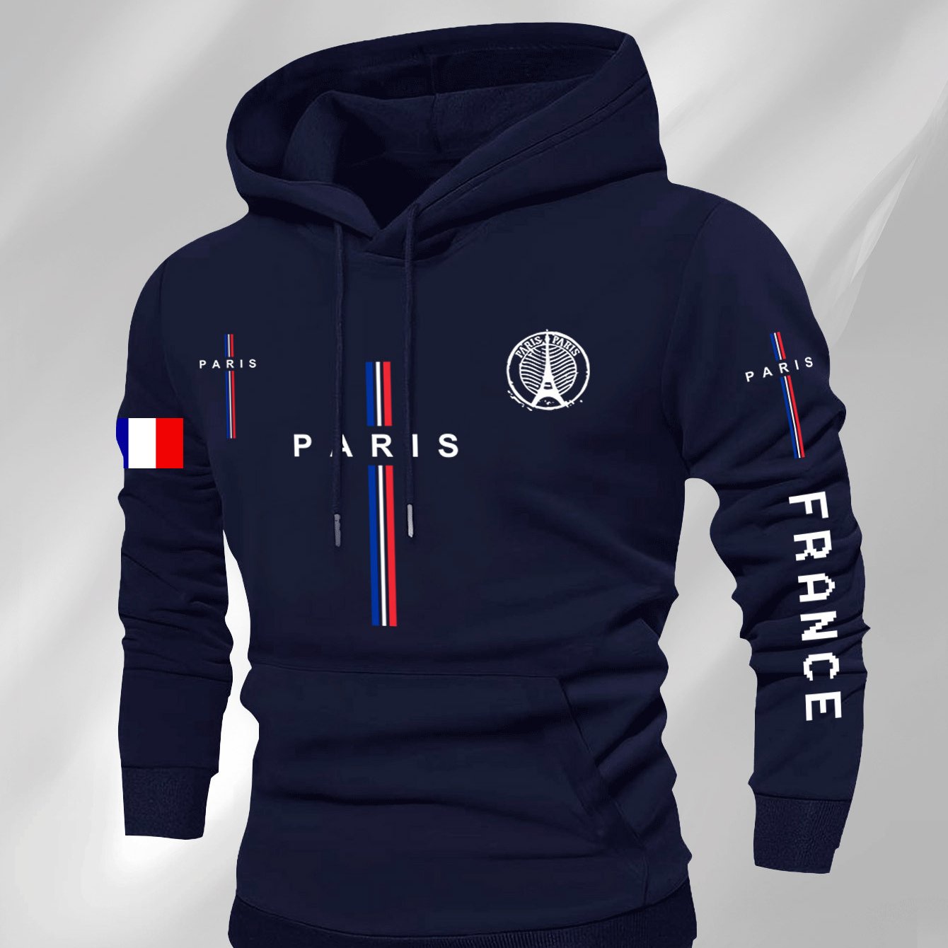 Men’s Casual Paris Graphic Hooded Sweatshirt – Geometric Print with Eiffel Tower & French Flag Stripes, Regular Fit, Beige, Autumn/Winter Casual Apparel