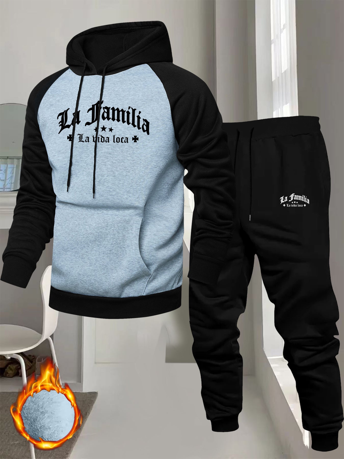 Men's Casual Sport Raglan Sleeve Hooded Sweatshirt Two-Piece Set, Dual-Tone Color Blocking Trendy Matching Outfit with Hot-Selling European and American Pattern Print Design for Comfortable Fashion Wear