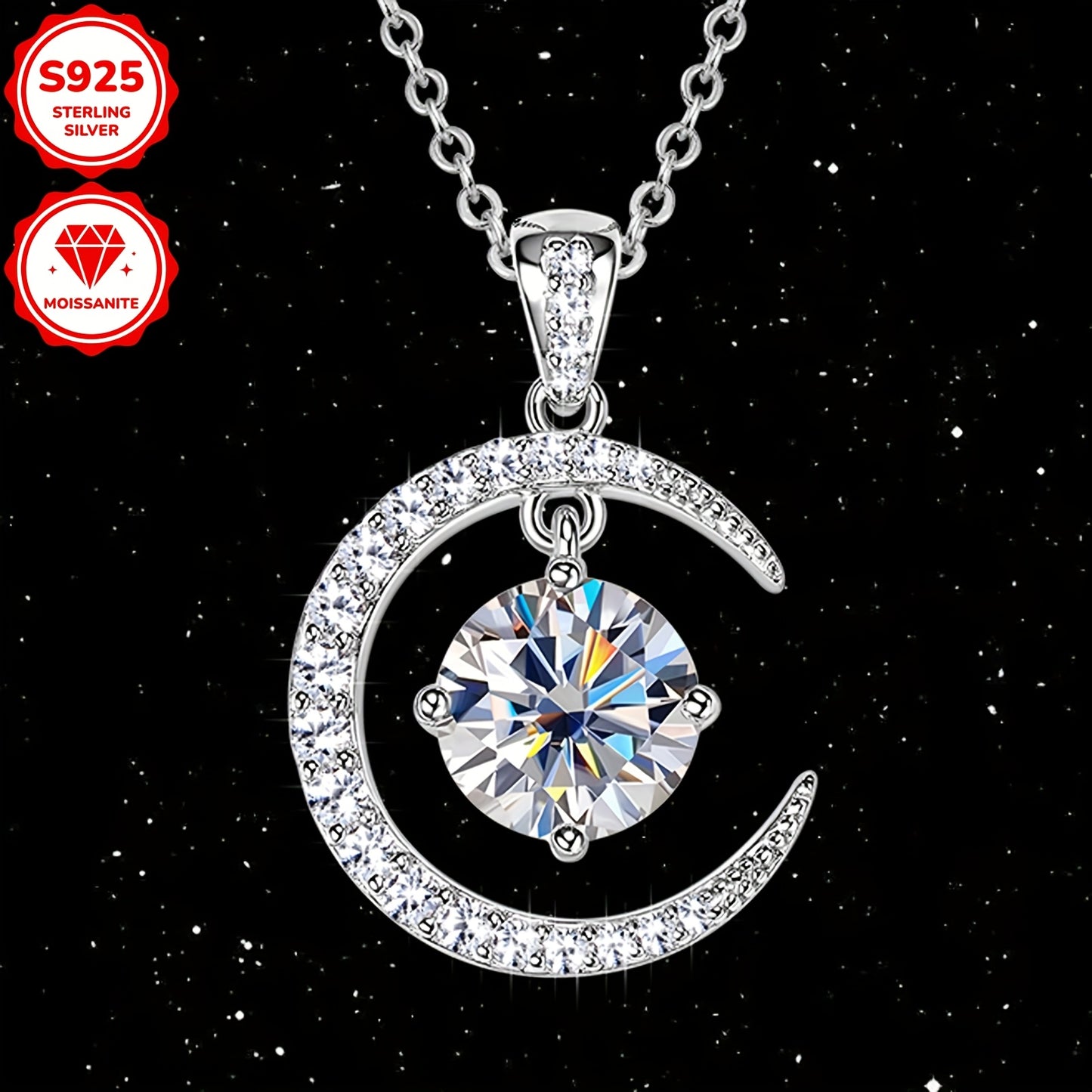 3.86g Silver, 2.31ct Moissanite Main Stone 8mm*1pcs-2CT; Total Carat of Side Stones 0.31ct 1 Strand 925 Sterling Silver Women's Pendant Necklace Moon Sun Element Round Moissanite Pendant Necklace Fashion Holiday Gift Jewelry