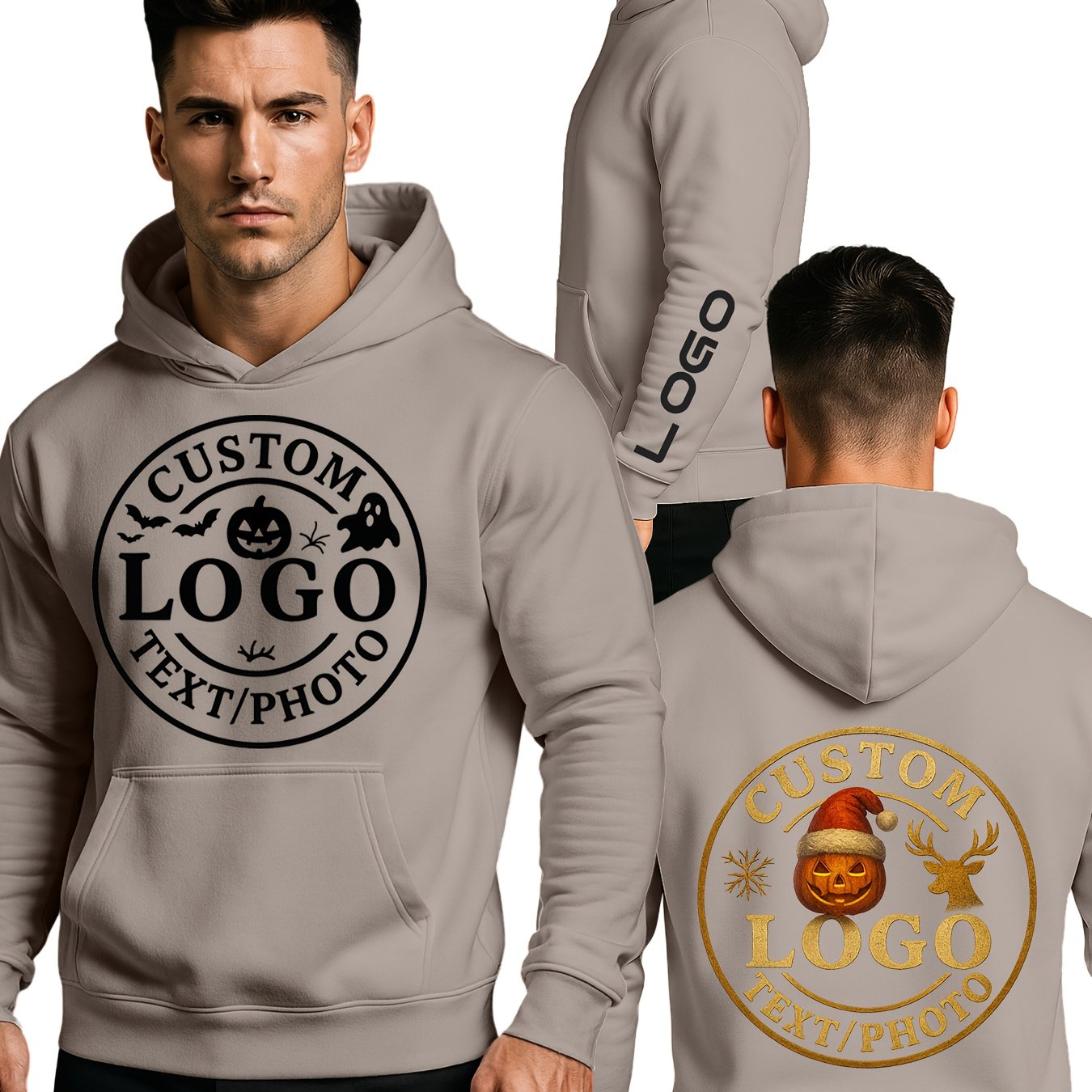 Customizable LOGO Hoodie & Sweatshirt - Unisex Pullover with Personalized Text/Photo/Design, Breathable Fabric, Regular Fit for Men & Women, Perfect Gift for Halloween, Christmas, Couple Celebrations, Casual Wear, Streetwear