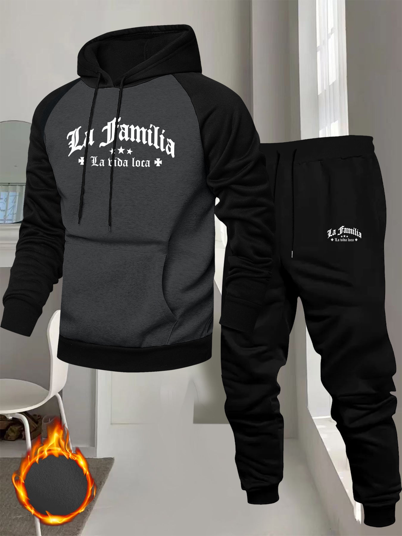 Men's Casual Sport Raglan Sleeve Hooded Sweatshirt Two-Piece Set, Dual-Tone Color Blocking Trendy Matching Outfit with Hot-Selling European and American Pattern Print Design for Comfortable Fashion Wear