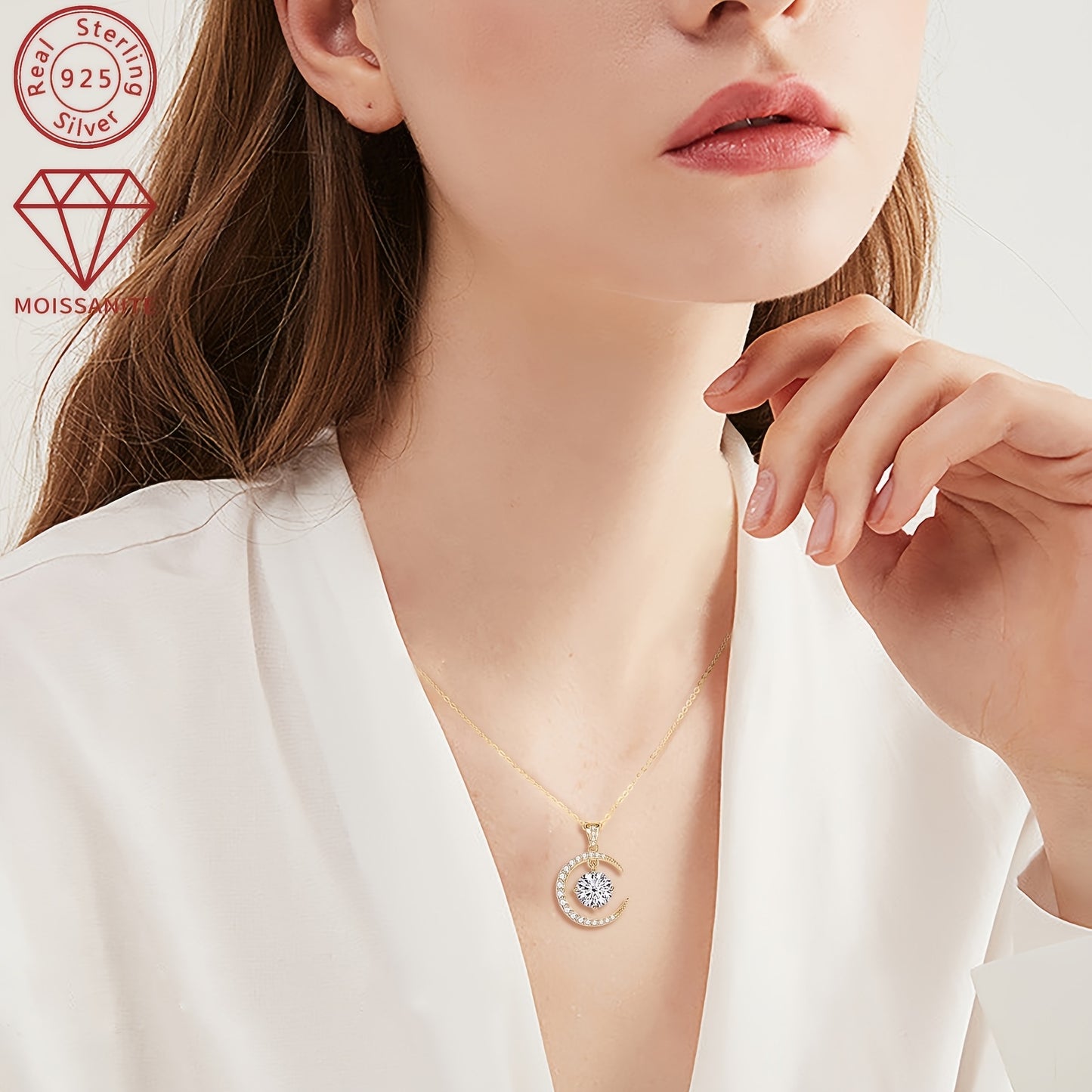 3.86g Silver, 2.31ct Moissanite Main Stone 8mm*1pcs-2CT; Total Carat of Side Stones 0.31ct 1 Strand 925 Sterling Silver Women's Pendant Necklace Moon Sun Element Round Moissanite Pendant Necklace Fashion Holiday Gift Jewelry