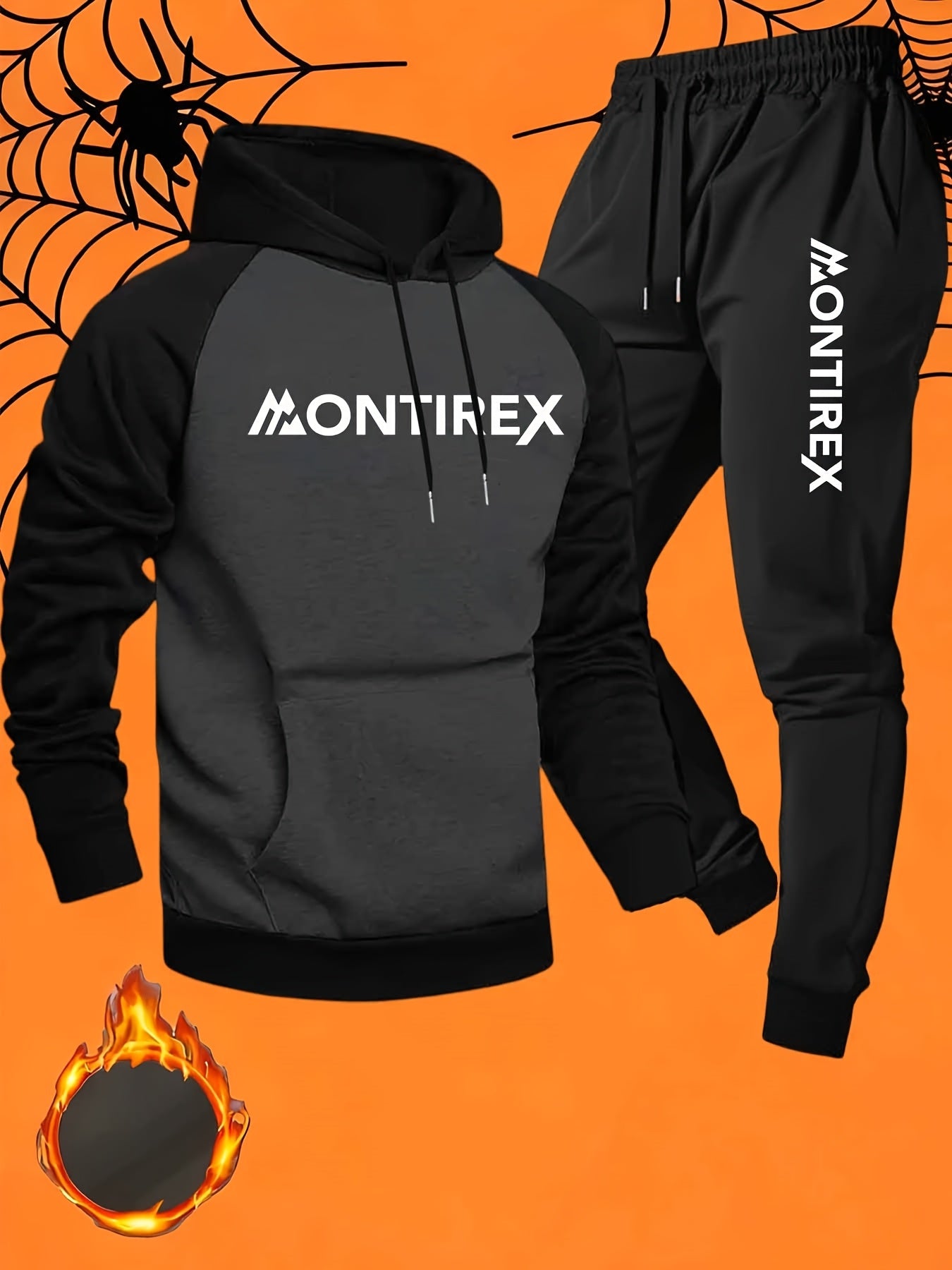 Men’s Two-Tone Hoodie &amp; Sweatpants Set – “MONTIREX” Print, Grey Casual Fall/Winter Tracksuit with Pockets, Regular Fit, Comfortable Outdoor Outfit