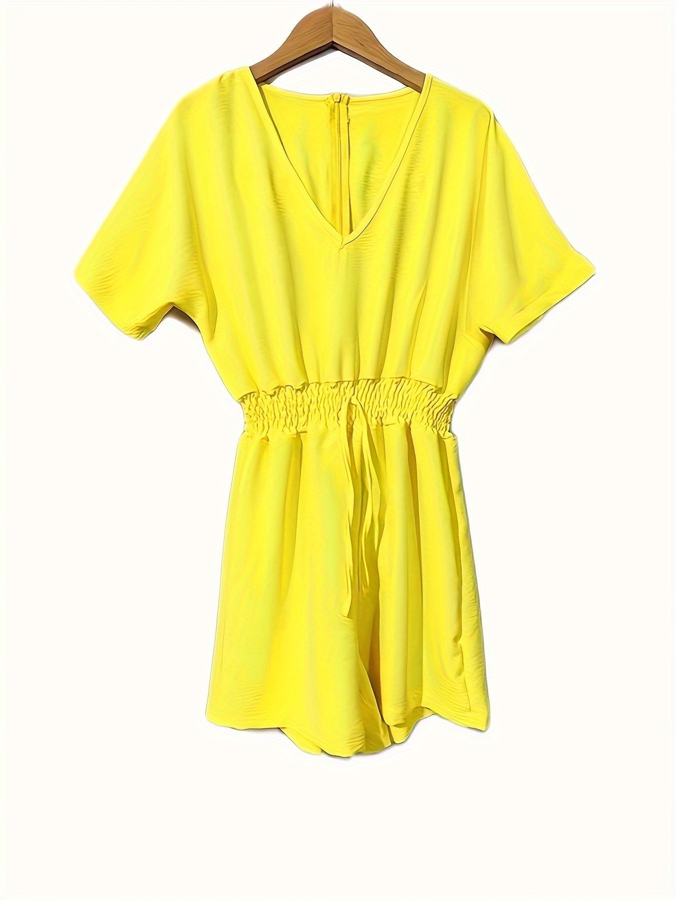 Solid V Neck Romper, Elegant Short Sleeve Shirred Waist Jumpsuit For Spring & Summer, Women's Clothing