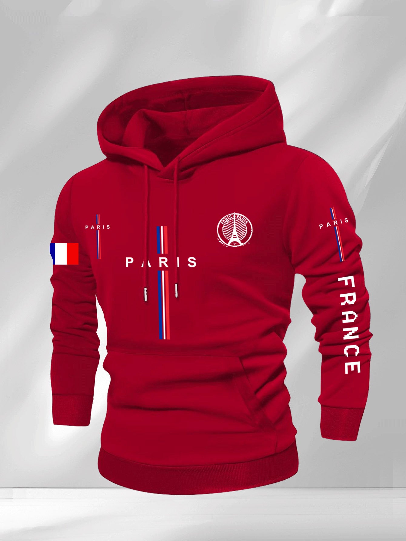 Men’s Casual Paris Graphic Hooded Sweatshirt – Geometric Print with Eiffel Tower & French Flag Stripes, Regular Fit, Beige, Autumn/Winter Casual Apparel