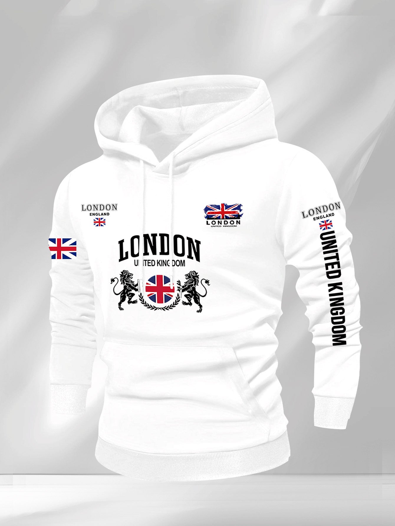 Men's British Union Jack & London Graphic Hooded Sweatshirt - Heavyweight 300gsm Polyester Knit, Casual Regular Fit Pullover with UK Landmarks Lettering (Big Ben, Fishermen), Autumn Winter Warmth, Machine Washable