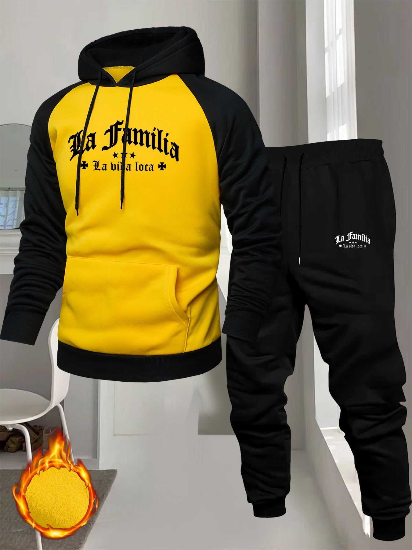 Men's Casual Sport Raglan Sleeve Hooded Sweatshirt Two-Piece Set, Dual-Tone Color Blocking Trendy Matching Outfit with Hot-Selling European and American Pattern Print Design for Comfortable Fashion Wear