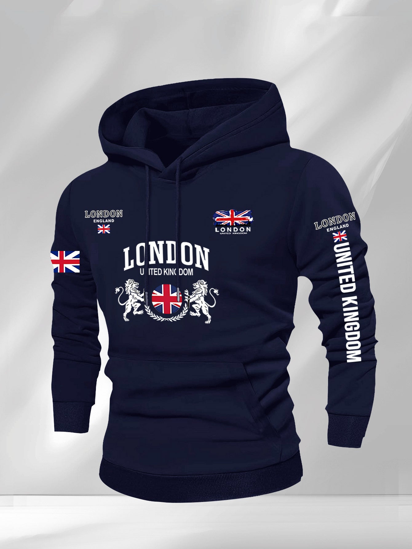 Men's British Union Jack & London Graphic Hooded Sweatshirt - Heavyweight 300gsm Polyester Knit, Casual Regular Fit Pullover with UK Landmarks Lettering (Big Ben, Fishermen), Autumn Winter Warmth, Machine Washable