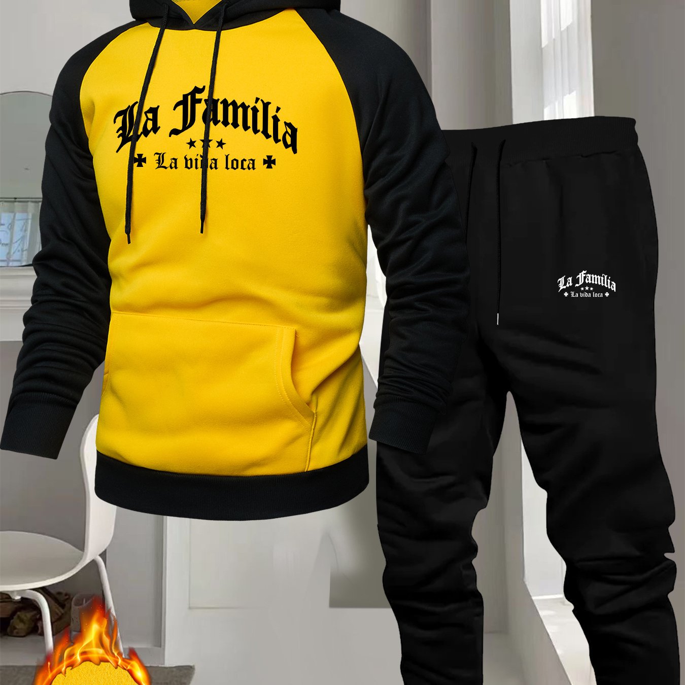 Men's Casual Sport Raglan Sleeve Hooded Sweatshirt Two-Piece Set, Dual-Tone Color Blocking Trendy Matching Outfit with Hot-Selling European and American Pattern Print Design for Comfortable Fashion Wear