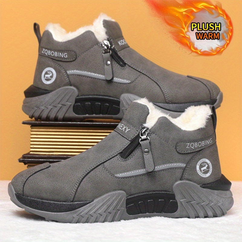 Men’s Winter Warm Snow Boots – Slip-Resistant Traction Tread, Zipper Closure, Ankle Boots with PVC Sole, Ideal for Hiking, Hunting &amp; Work in Cold Weather – Beige/Black/Gray