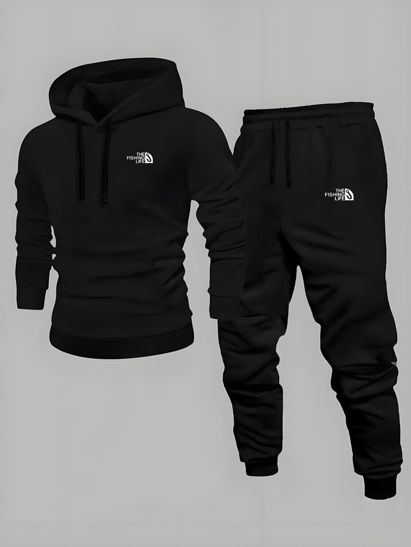Men’s Casual Hooded Tracksuit – Black Sweatshirt and Sports Pants Set with Pockets, Long Sleeves, and Waistbands – Ideal for Autumn &amp; Winter Outdoor Activities