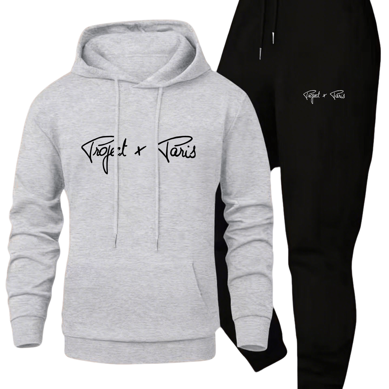 Autumn and Winter Men'S Fleece-Lined Thickened Hooded Sweatshirt and Jogger Casual Sport Two-Piece Set, Polyester Fabric, Project X Paris Letter Print - 2pcs, Knit, Casual Sport Two-piece Set