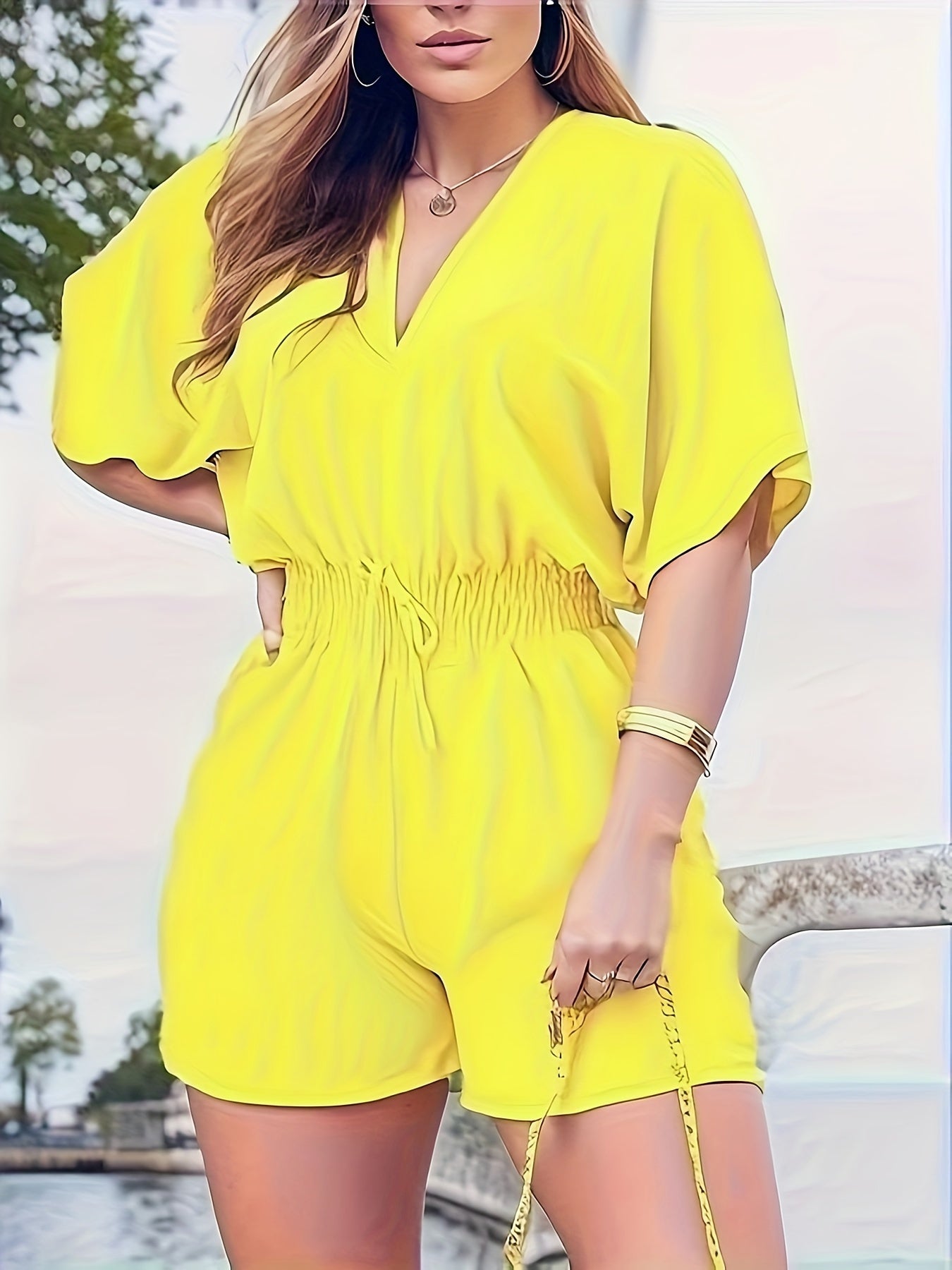 Solid V Neck Romper, Elegant Short Sleeve Shirred Waist Jumpsuit For Spring & Summer, Women's Clothing