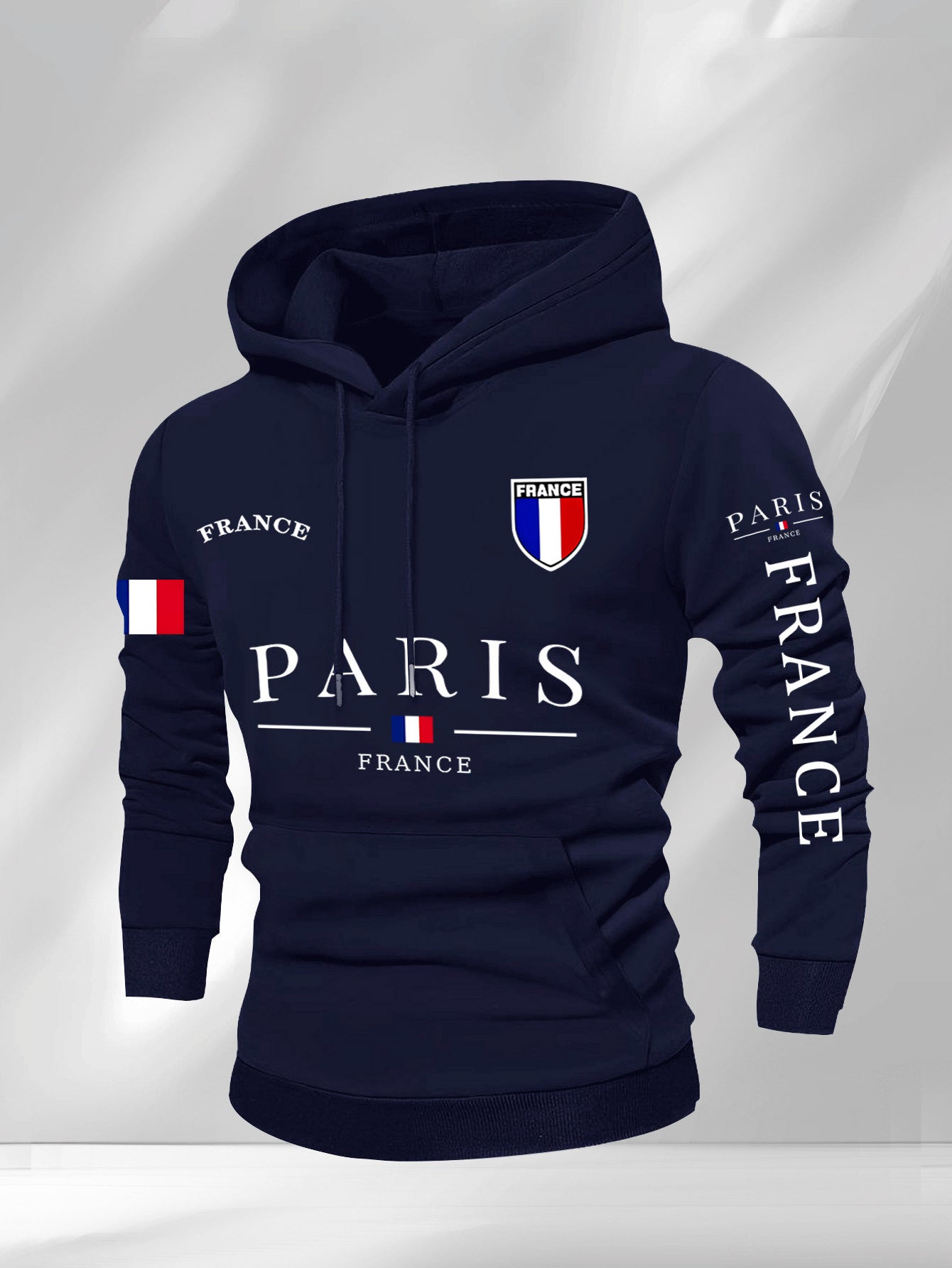 Men'S Navy Blue Hoodie - Paris France Graphic Pullover Sweatshirt, Long Sleeve Hooded Sweater for Fall/Winter, Streetwear Essential Urban Fashion Top for Everyday & Formal Outfits, Sweater Hoodie, Casual Wear, Geometric Patte