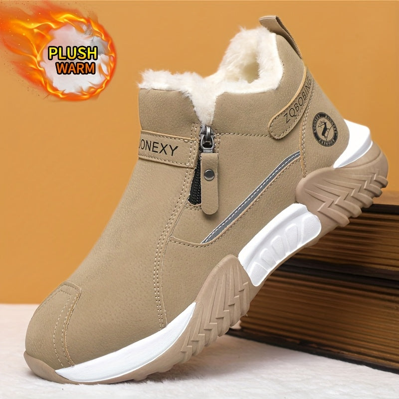 Men’s Winter Warm Snow Boots – Slip-Resistant Traction Tread, Zipper Closure, Ankle Boots with PVC Sole, Ideal for Hiking, Hunting &amp; Work in Cold Weather – Beige/Black/Gray