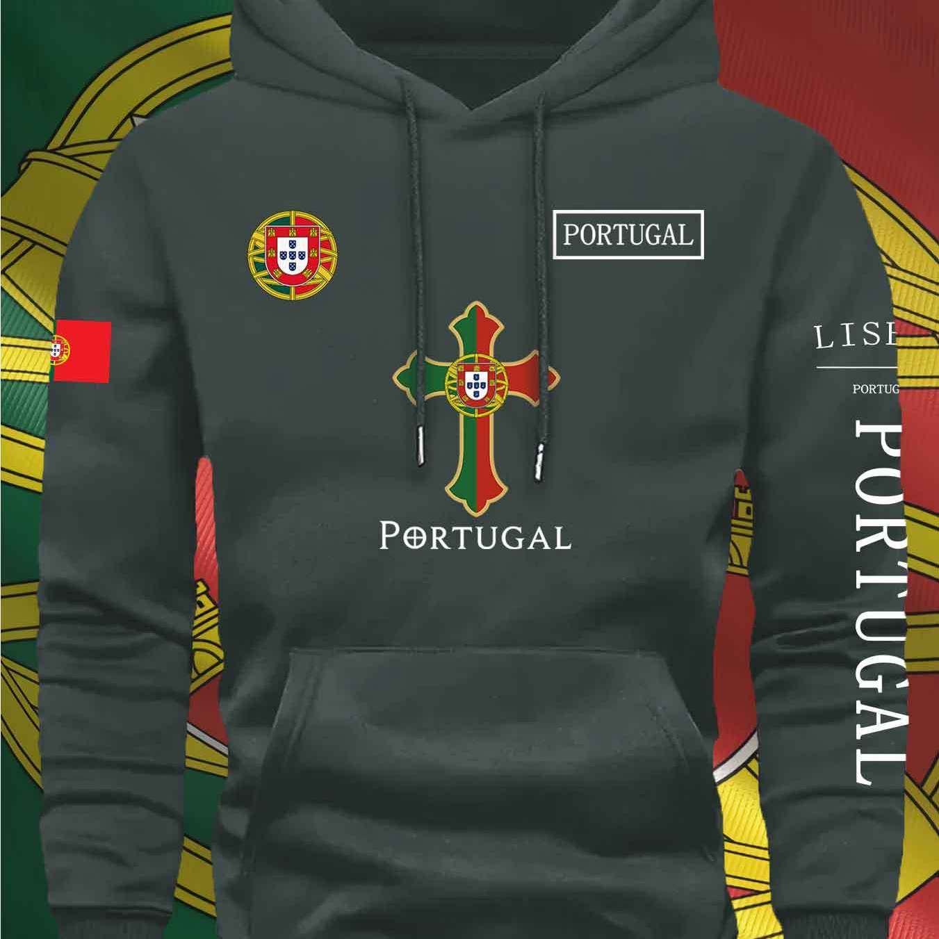 KOURRTER Men'S & Women'S Casual Hoodie - Autumn Winter Sporty Outdoor Hooded Sweatshirt with Portugal Flag & Cross Design, Comfortable Regular Fit with Pockets, Sweater Hoodie